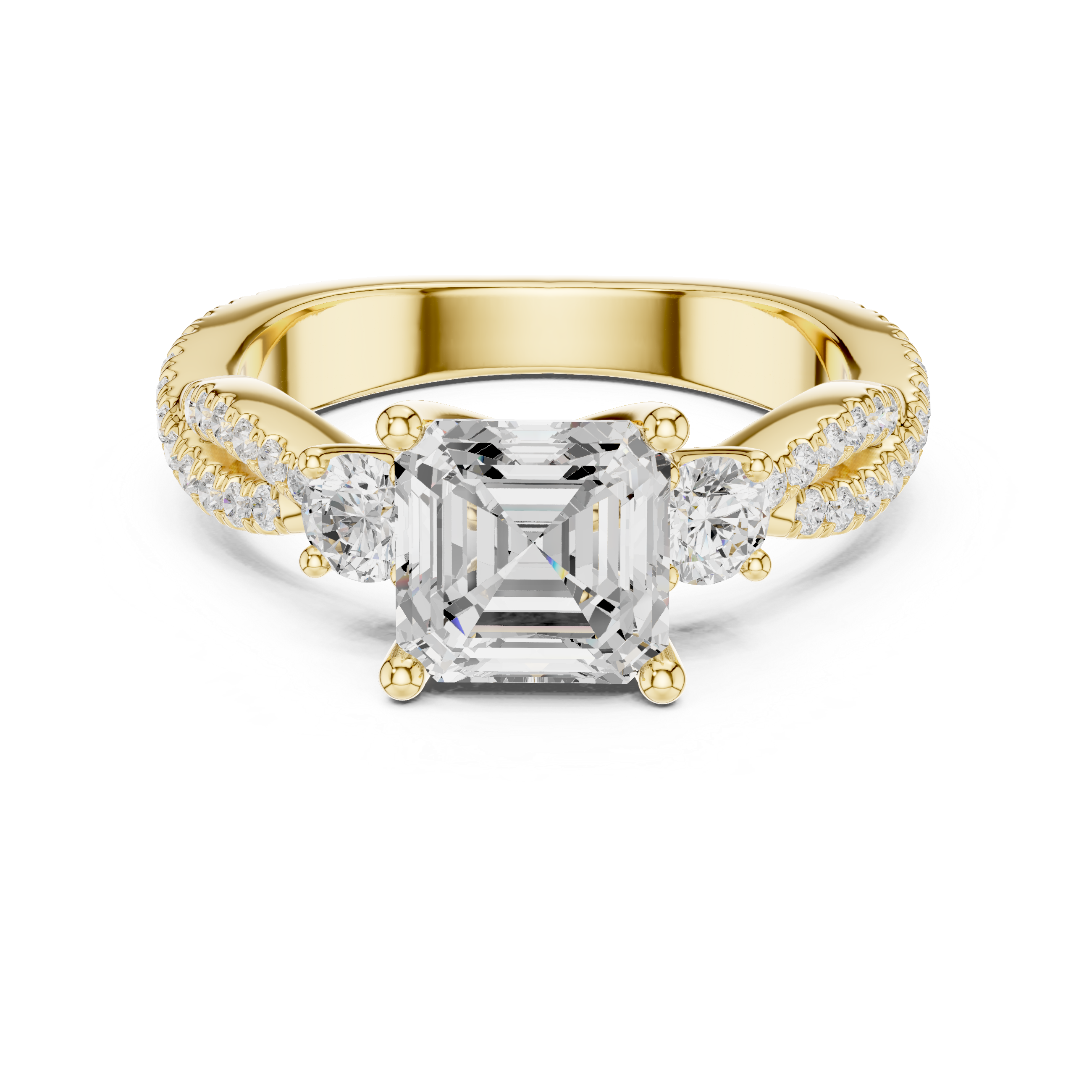 Asscher Cut Three-Stone Engagement Ring with Round Side Stones and Split Pavé Diamond Band