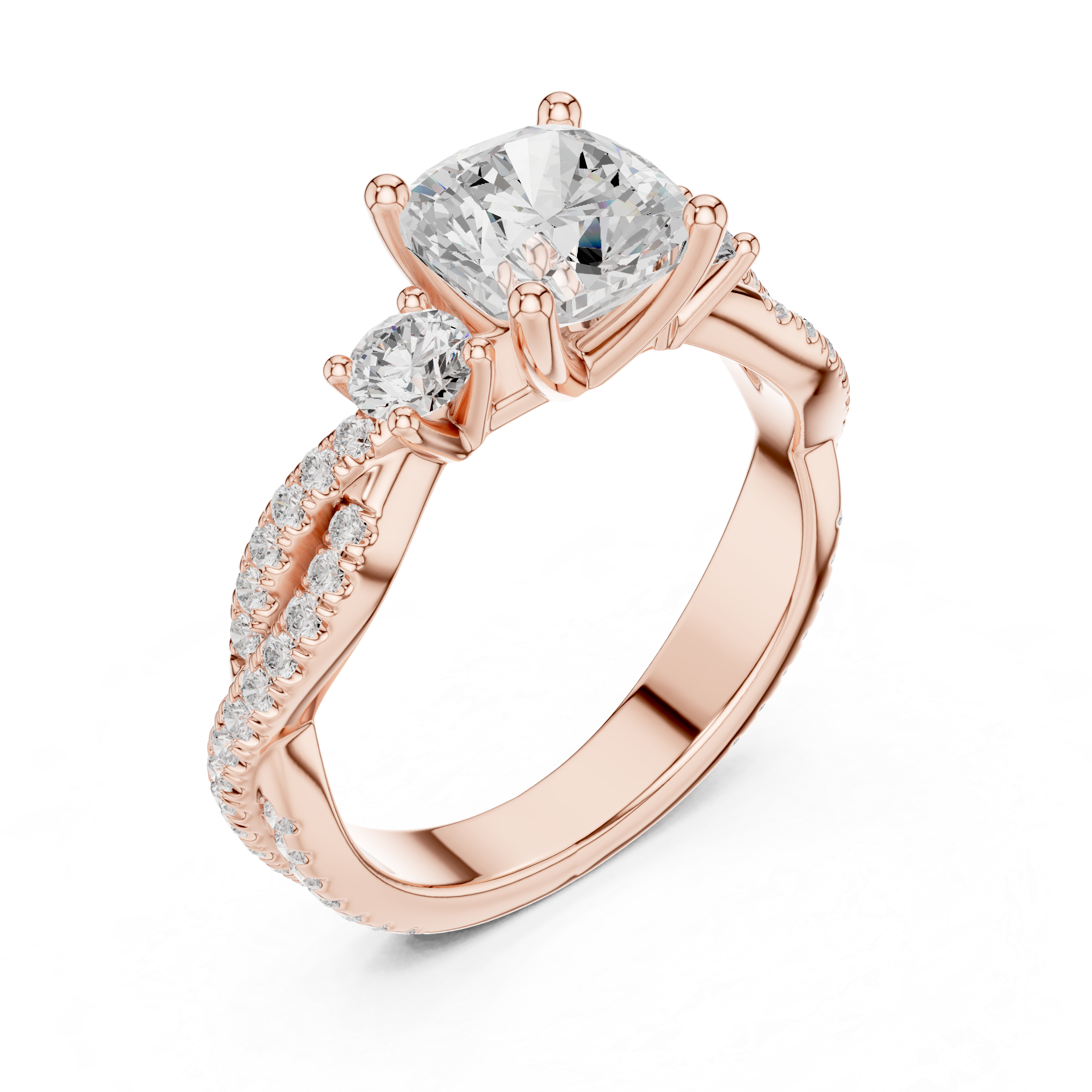 Cushion Cut Three-Stone Engagement Ring with Round Side Stones and Split Pavé Diamond Band