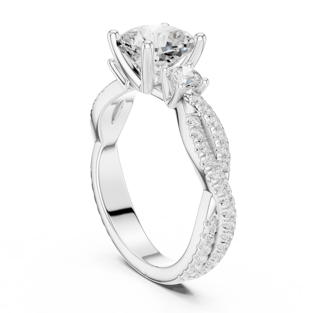 Cushion Cut Three-Stone Engagement Ring with Round Side Stones and Split Pavé Diamond Band