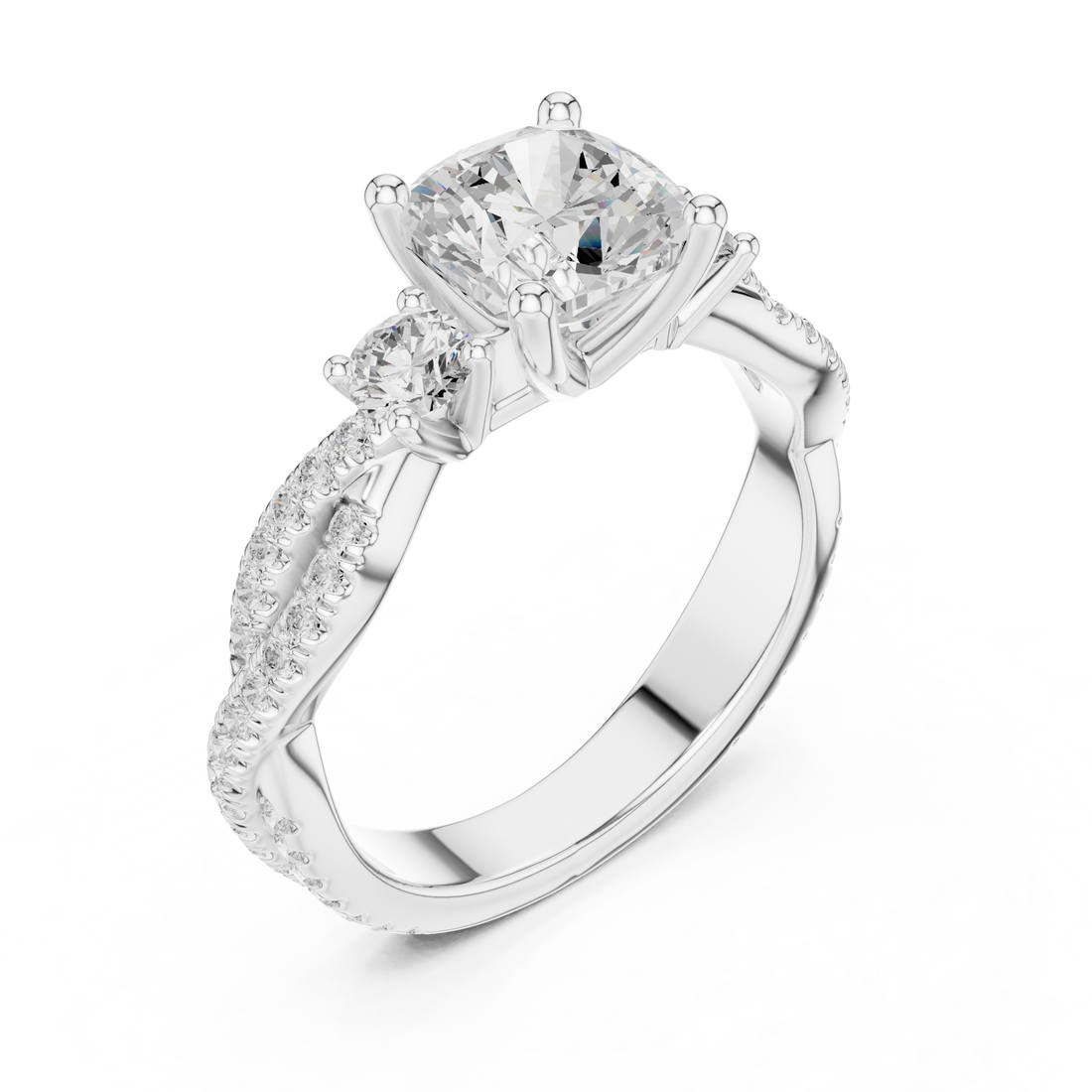 Cushion Cut Three-Stone Engagement Ring with Round Side Stones and Split Pavé Diamond Band