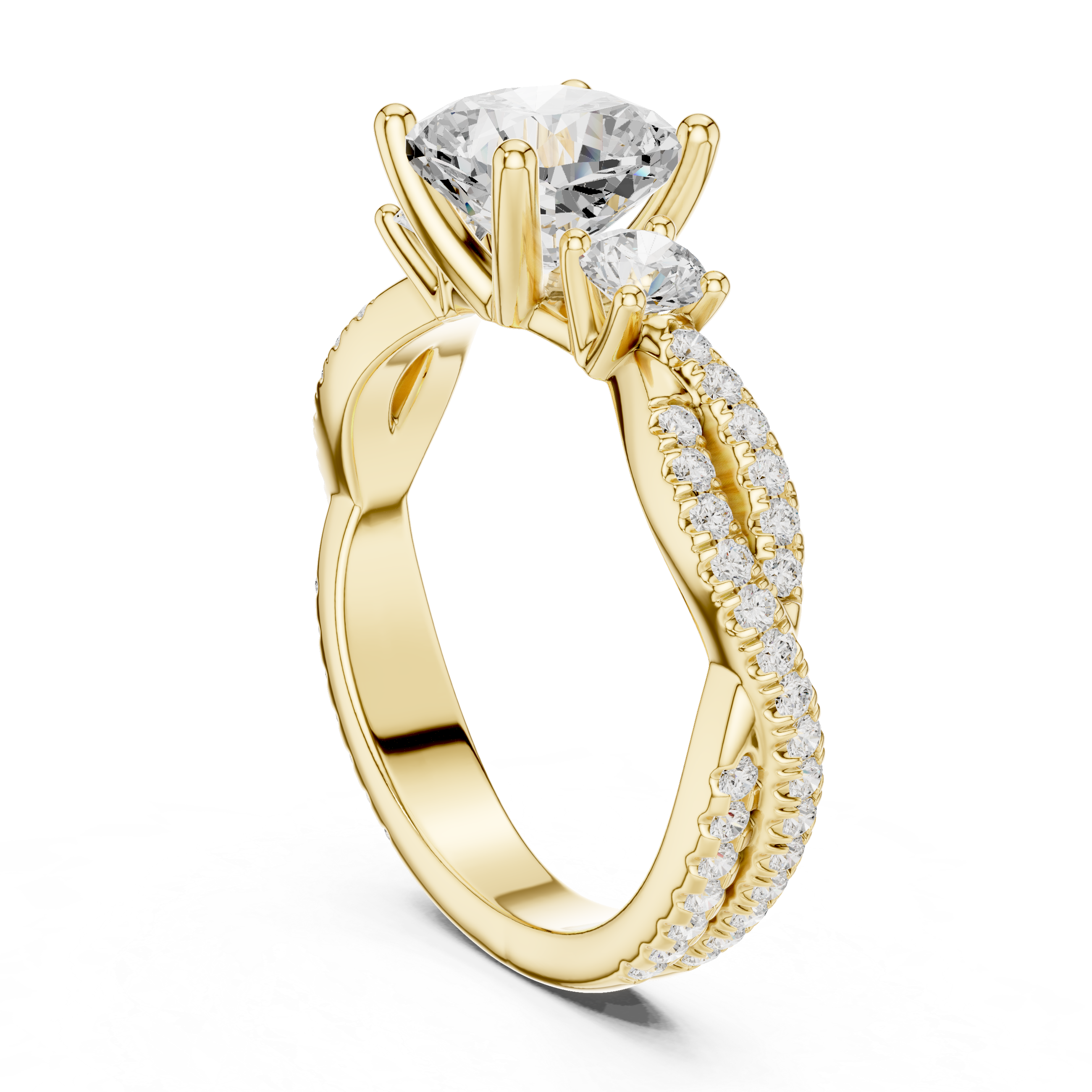 Cushion Cut Three-Stone Engagement Ring with Round Side Stones and Split Pavé Diamond Band