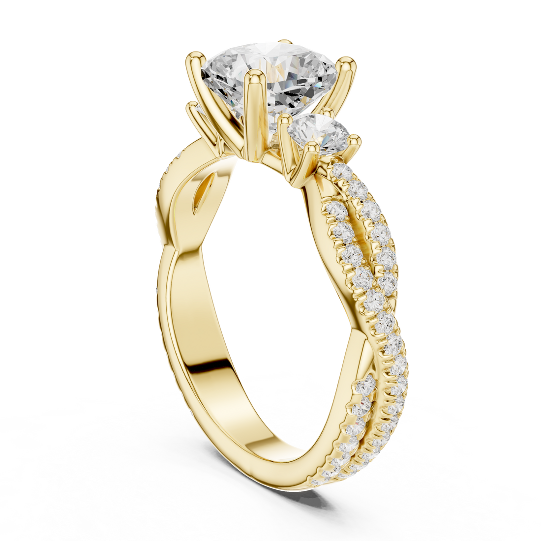 Cushion Cut Three-Stone Engagement Ring with Round Side Stones and Split Pavé Diamond Band