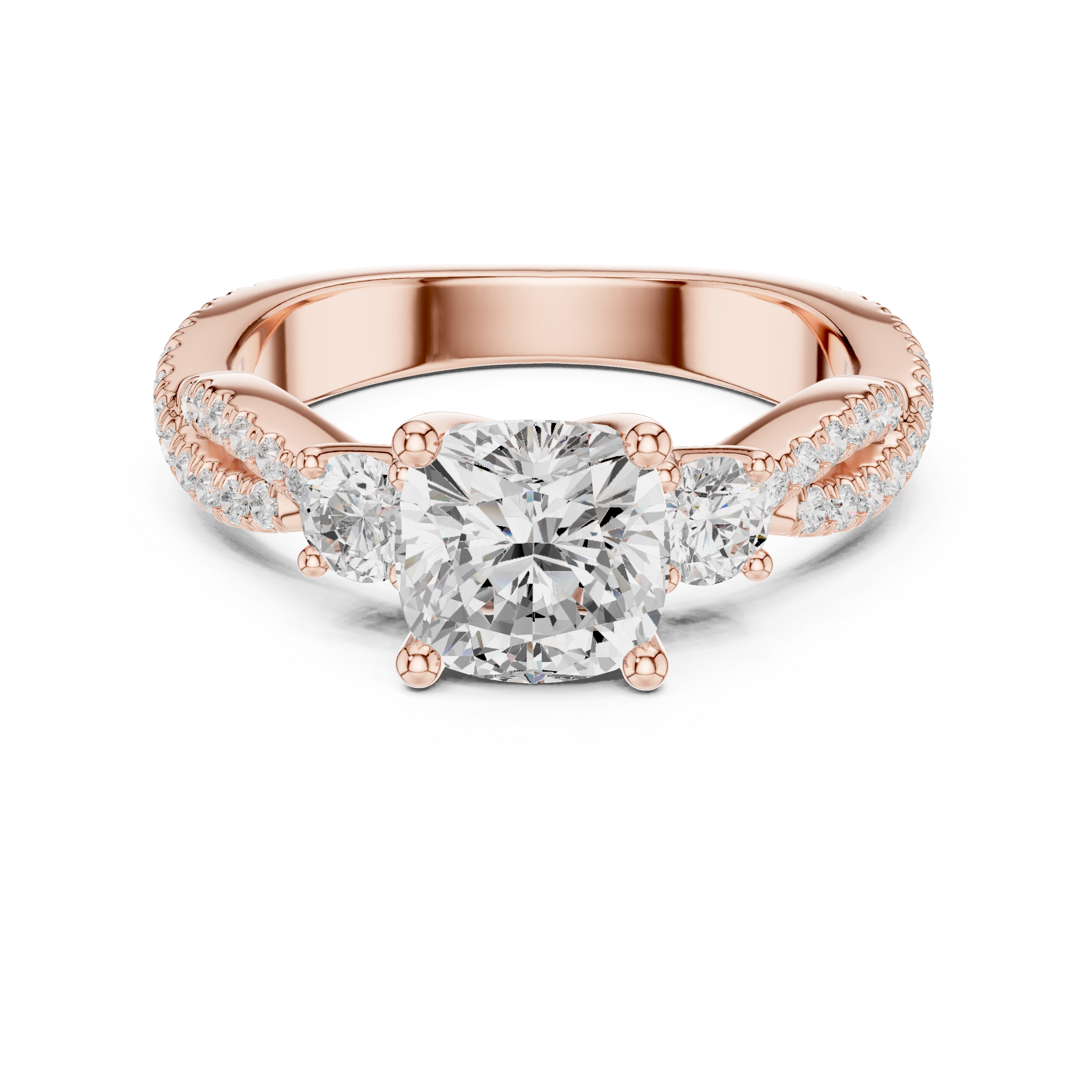 Cushion Cut Three-Stone Engagement Ring with Round Side Stones and Split Pavé Diamond Band