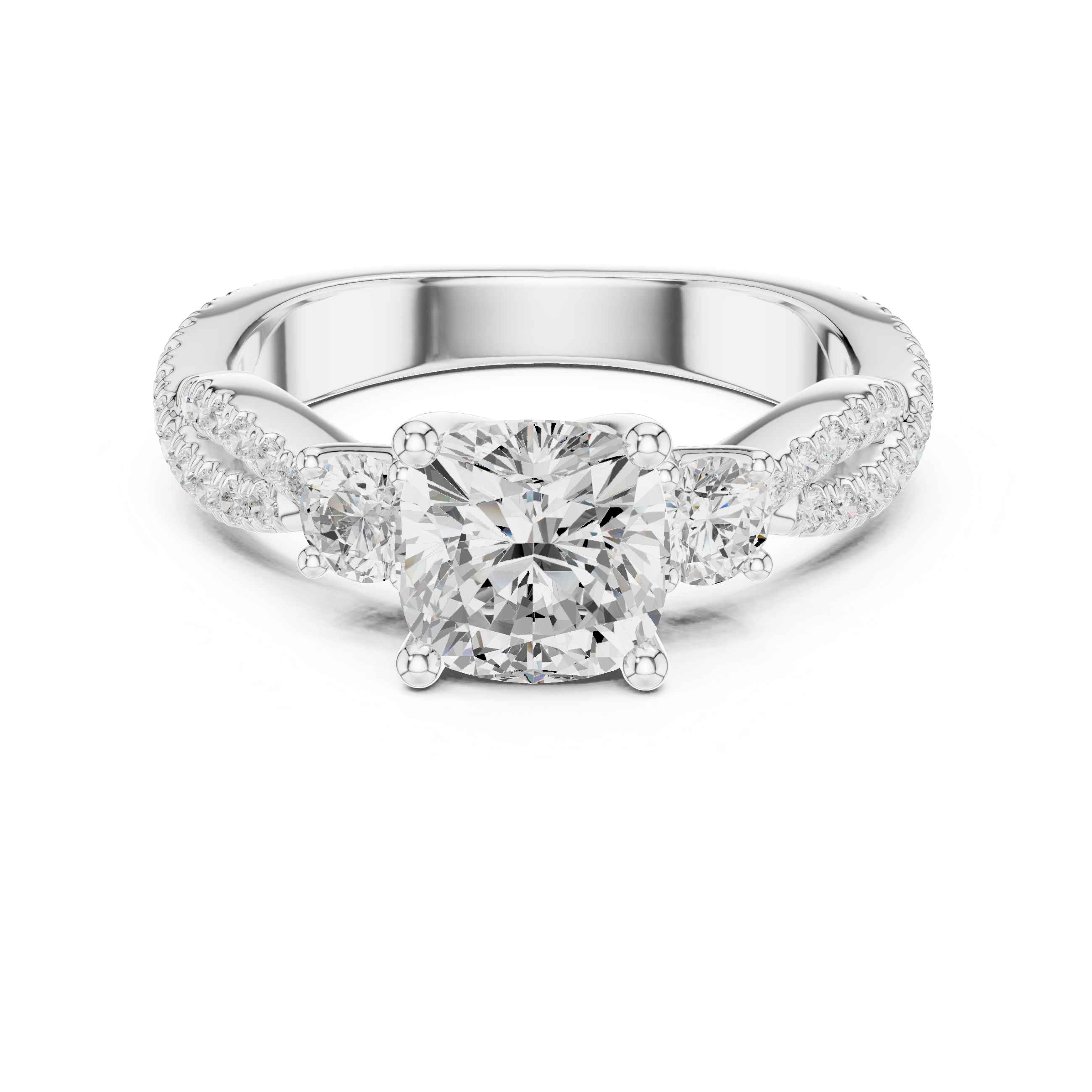 Cushion Cut Three-Stone Engagement Ring with Round Side Stones and Split Pavé Diamond Band