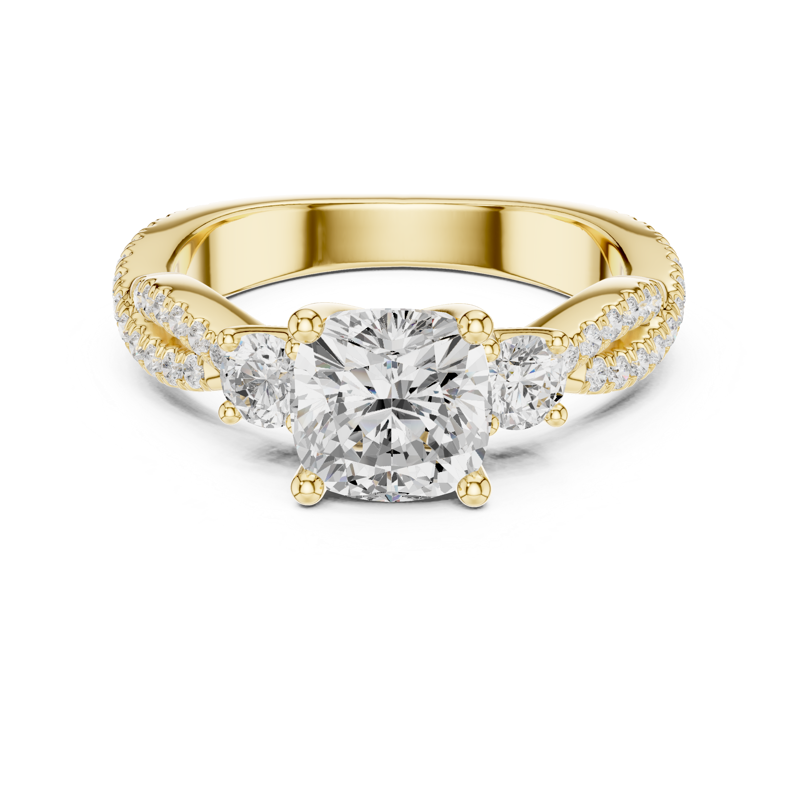 Cushion Cut Three-Stone Engagement Ring with Round Side Stones and Split Pavé Diamond Band