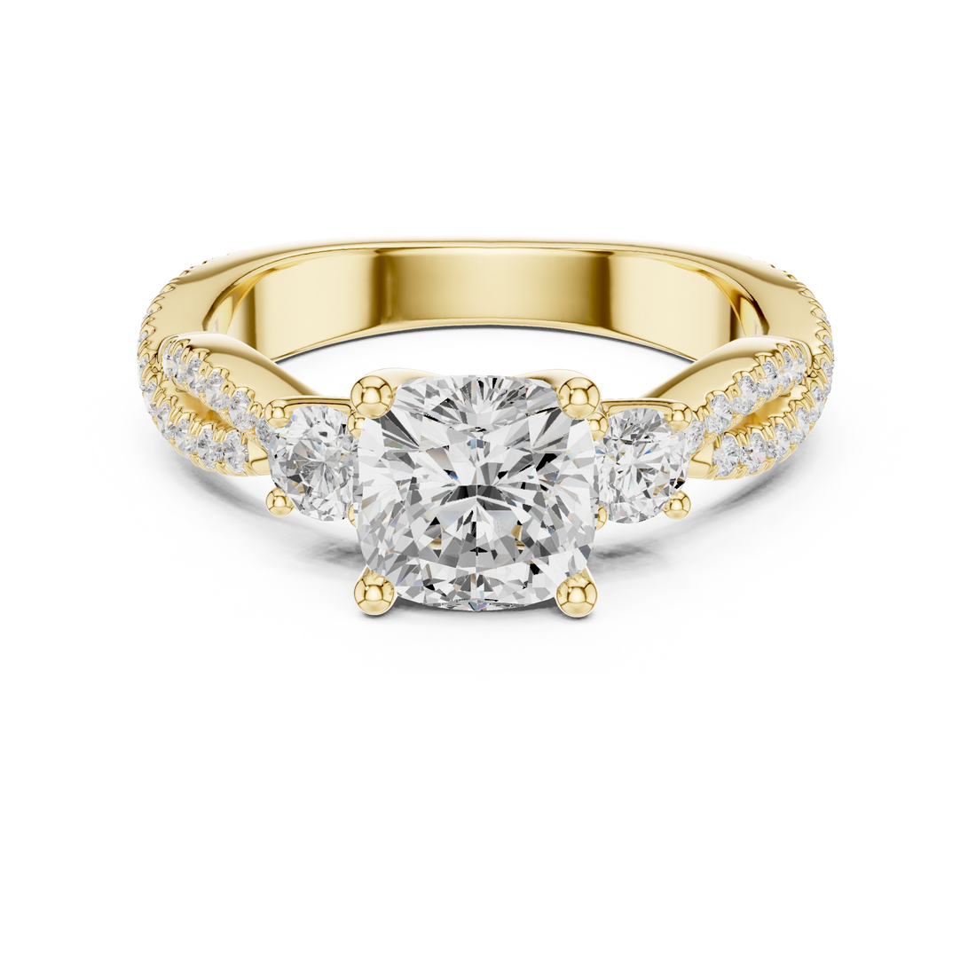 Cushion Cut Three-Stone Engagement Ring with Round Side Stones and Split Pavé Diamond Band