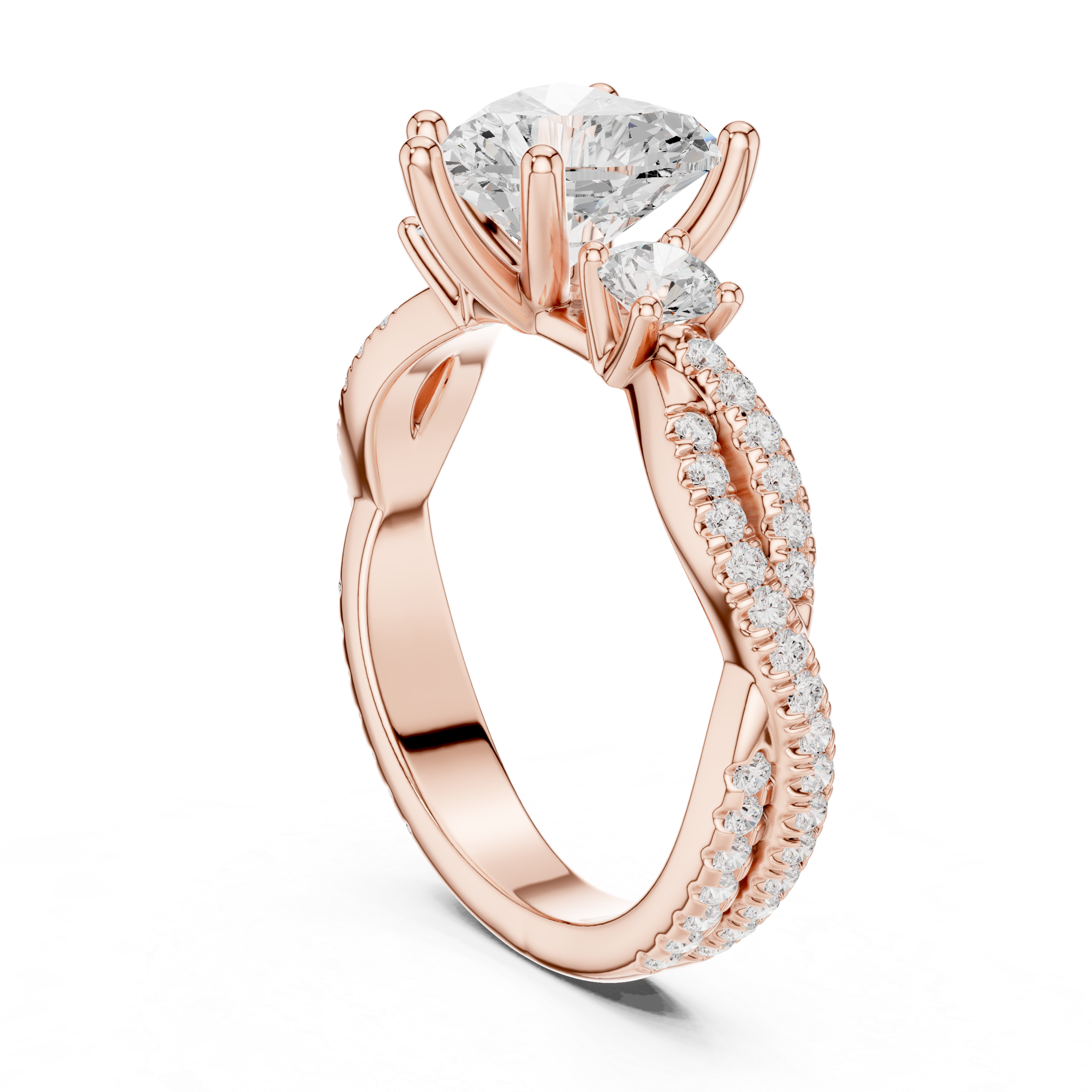 Heart Cut Three-Stone Engagement Ring with Round Side Stones and Split Pavé Diamond Band