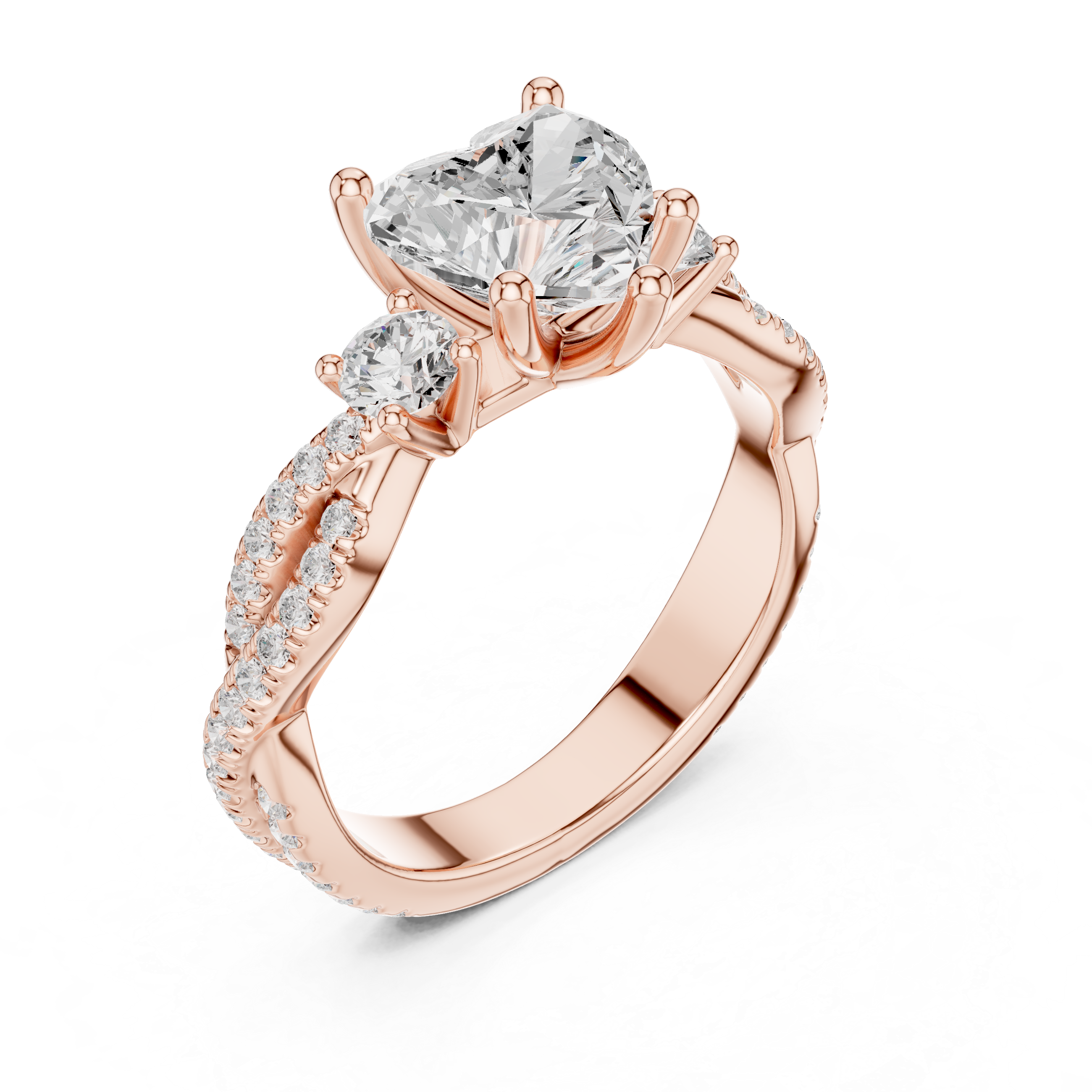 Heart Cut Three-Stone Engagement Ring with Round Side Stones and Split Pavé Diamond Band