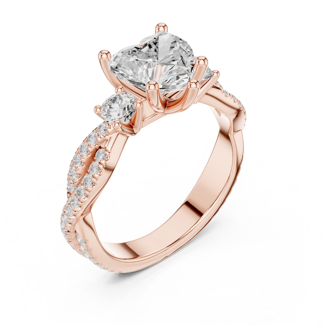 Heart Cut Three-Stone Engagement Ring with Round Side Stones and Split Pavé Diamond Band