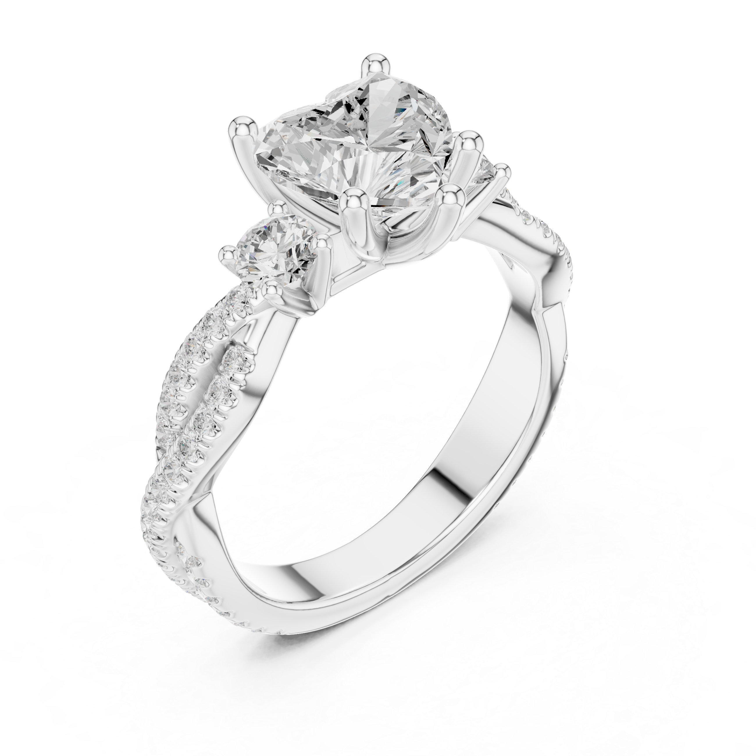 Heart Cut Three-Stone Engagement Ring with Round Side Stones and Split Pavé Diamond Band