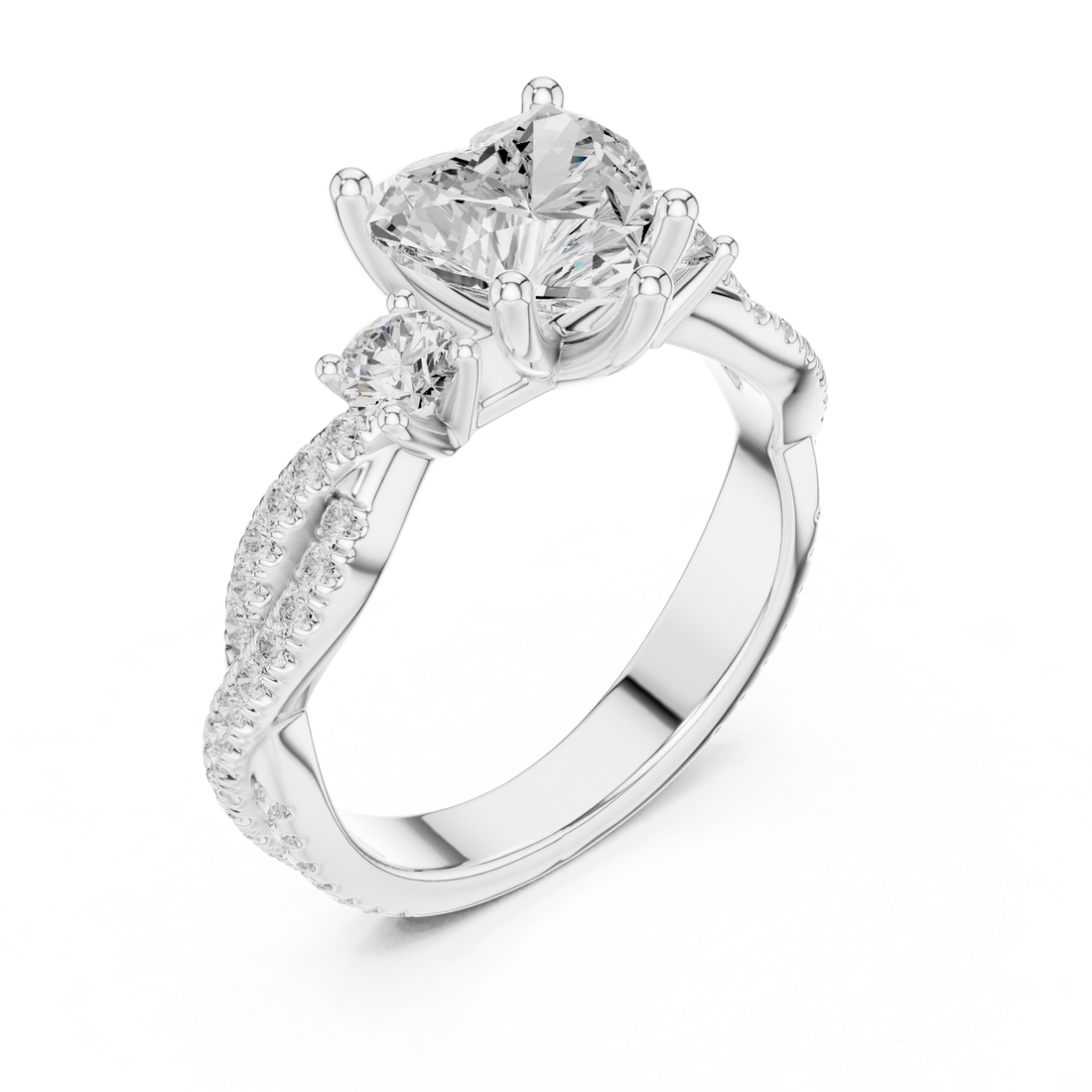 Heart Cut Three-Stone Engagement Ring with Round Side Stones and Split Pavé Diamond Band