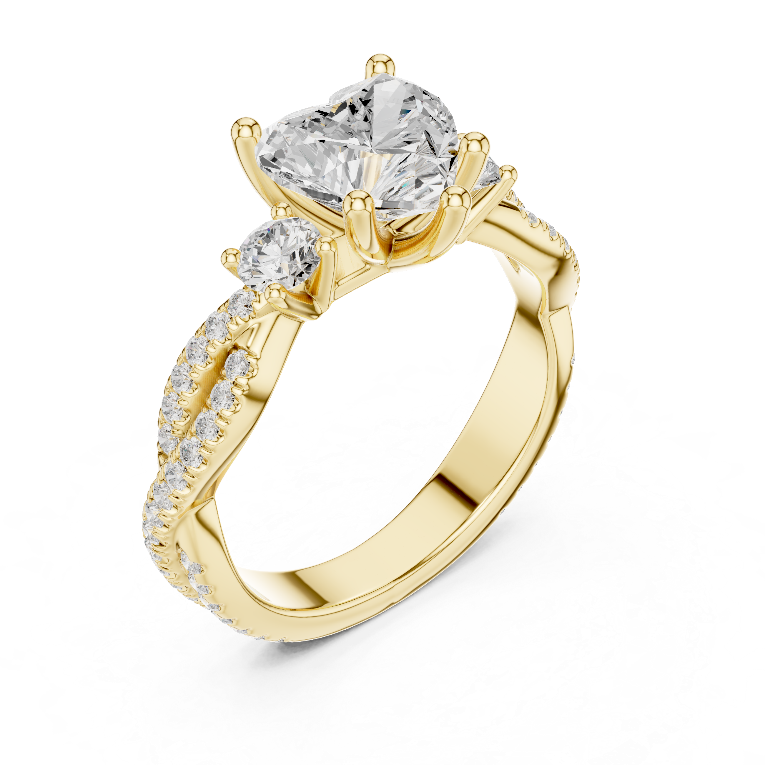 Heart Cut Three-Stone Engagement Ring with Round Side Stones and Split Pavé Diamond Band