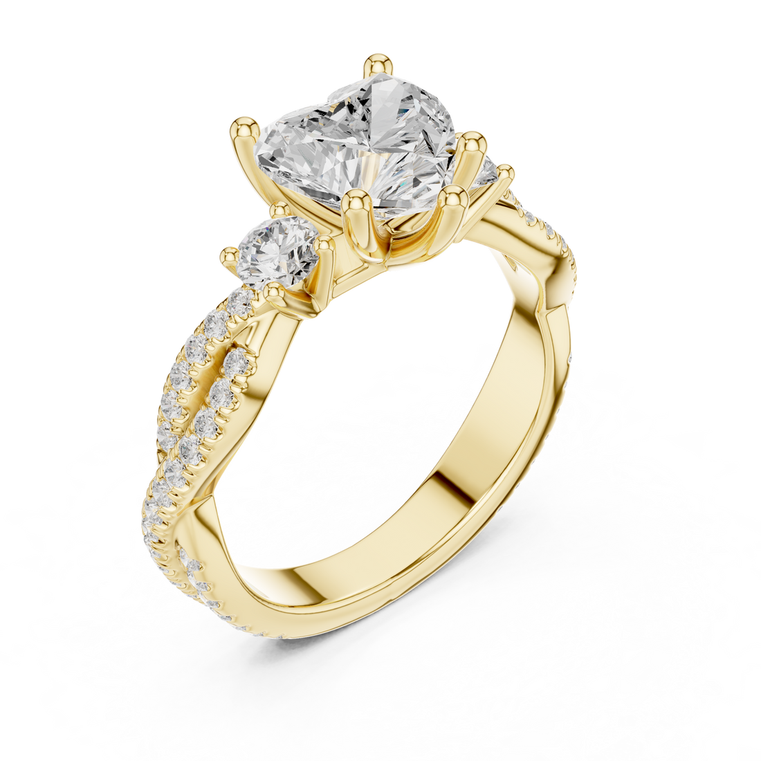 Heart Cut Three-Stone Engagement Ring with Round Side Stones and Split Pavé Diamond Band