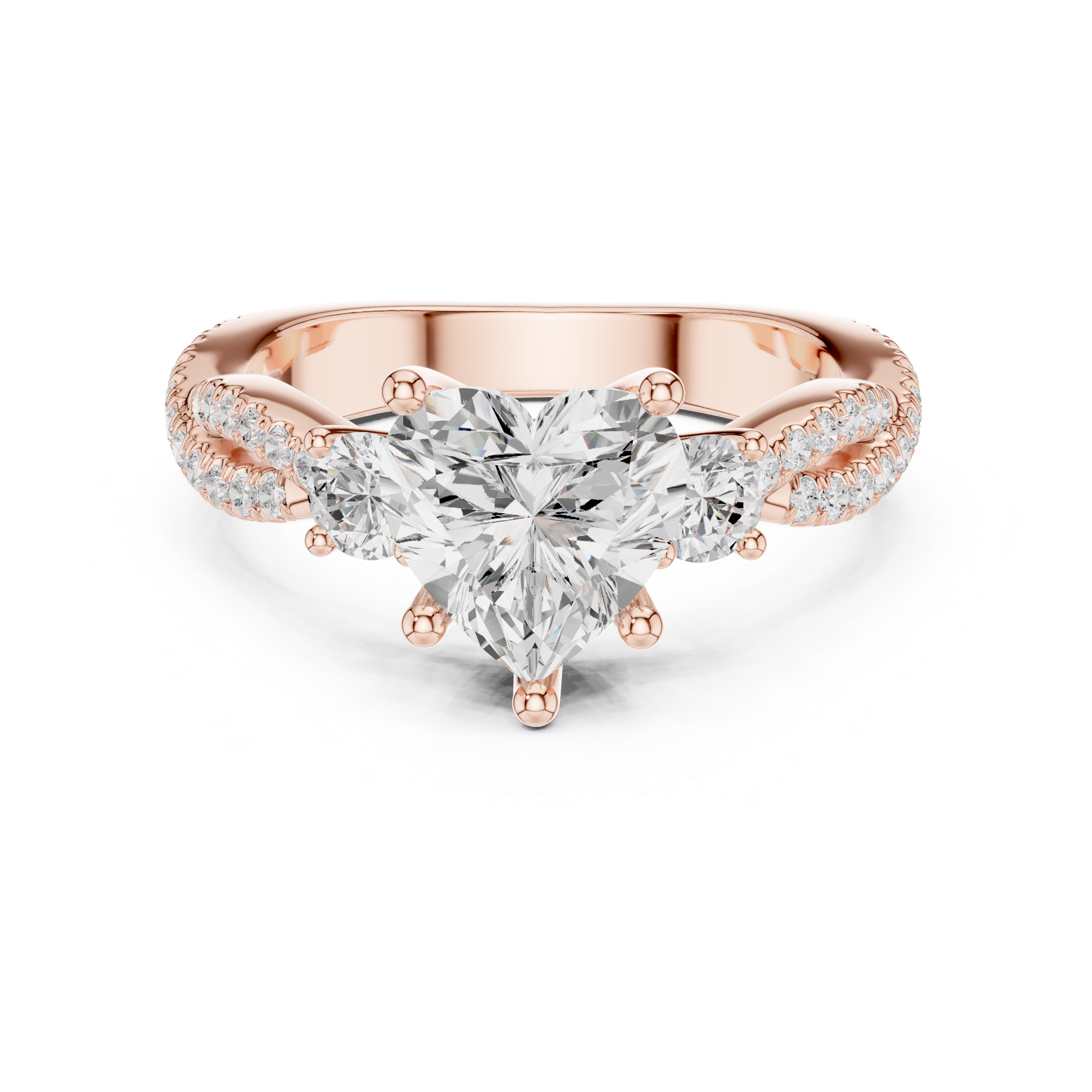 Heart Cut Three-Stone Engagement Ring with Round Side Stones and Split Pavé Diamond Band