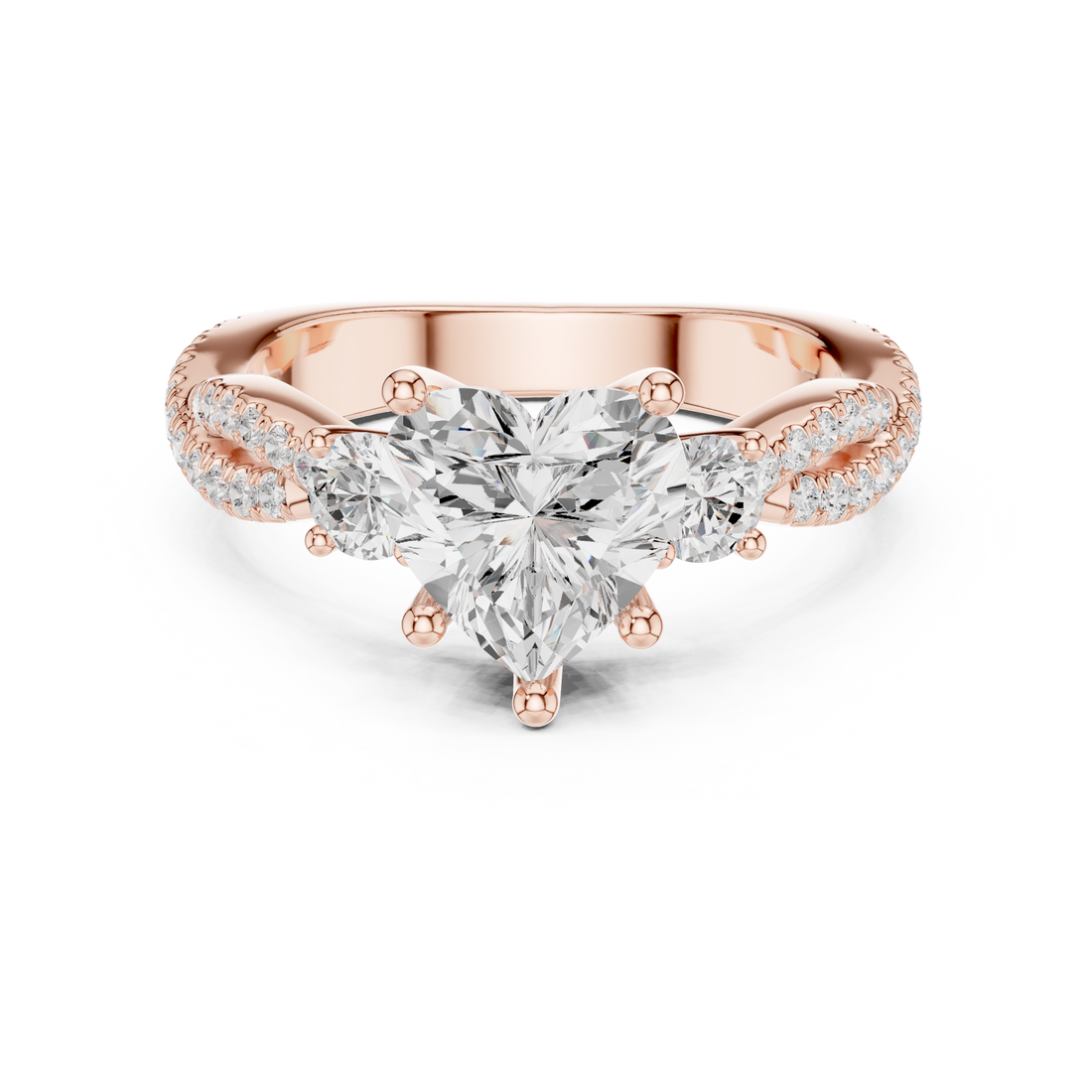 Heart Cut Three-Stone Engagement Ring with Round Side Stones and Split Pavé Diamond Band