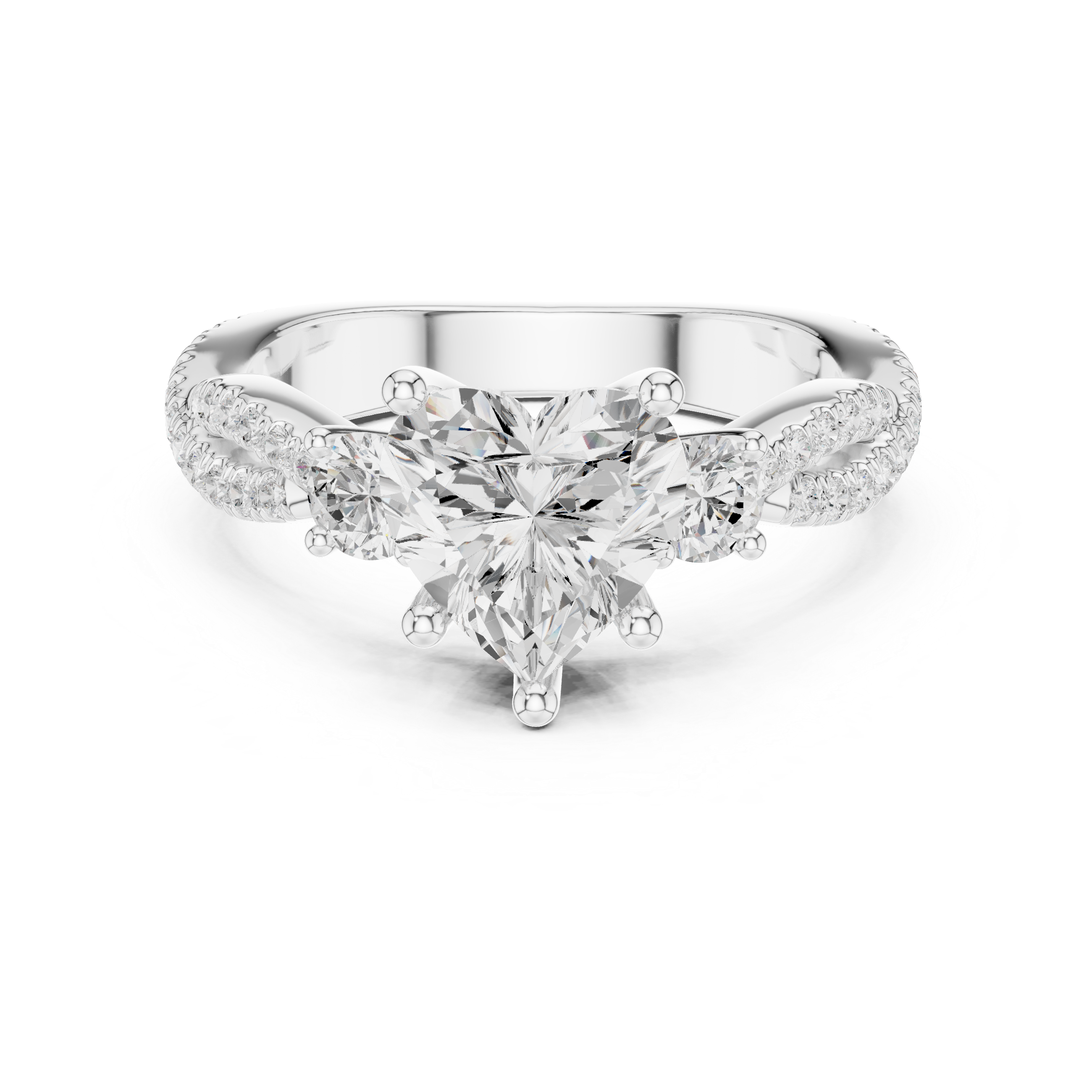 Heart Cut Three-Stone Engagement Ring with Round Side Stones and Split Pavé Diamond Band