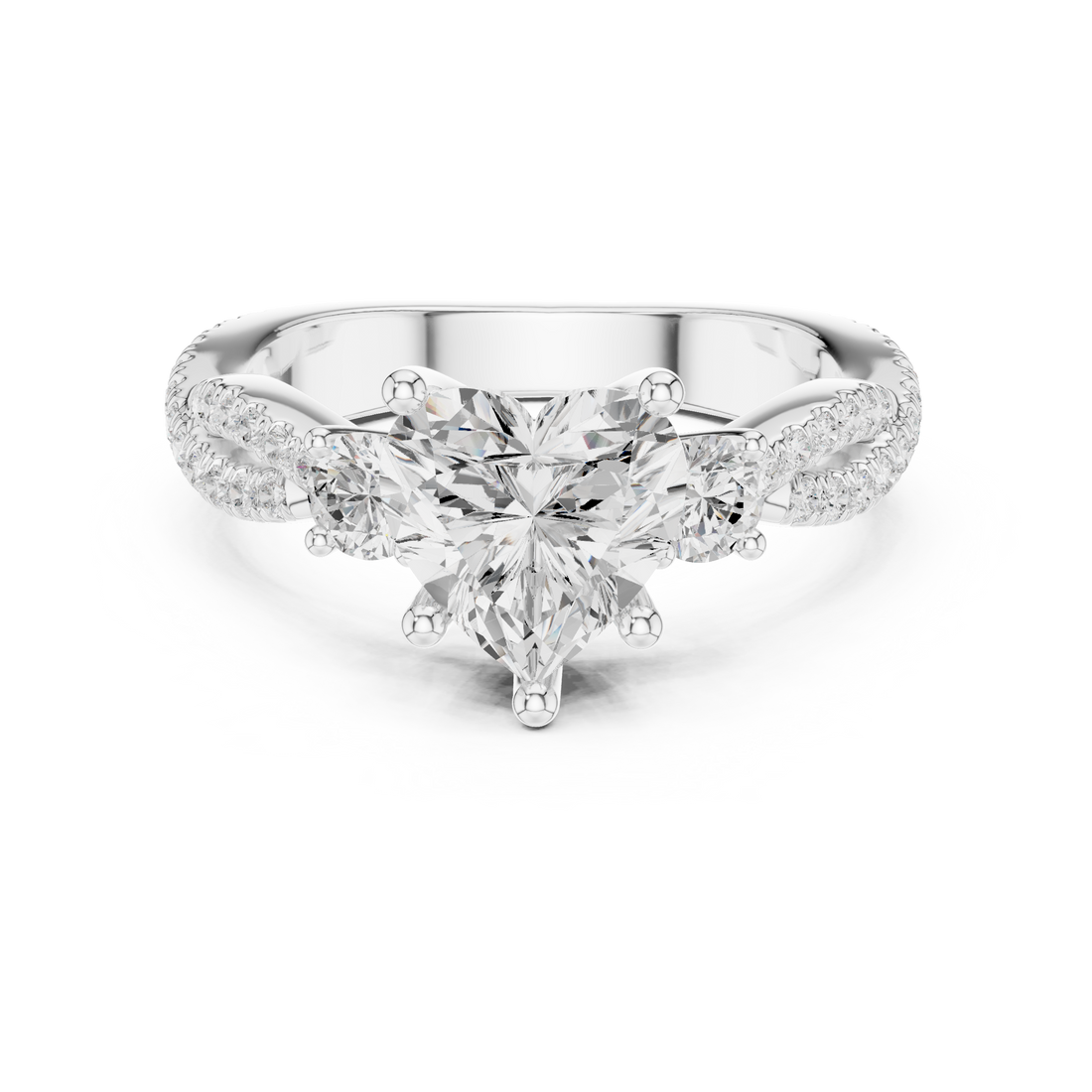 Heart Cut Three-Stone Engagement Ring with Round Side Stones and Split Pavé Diamond Band