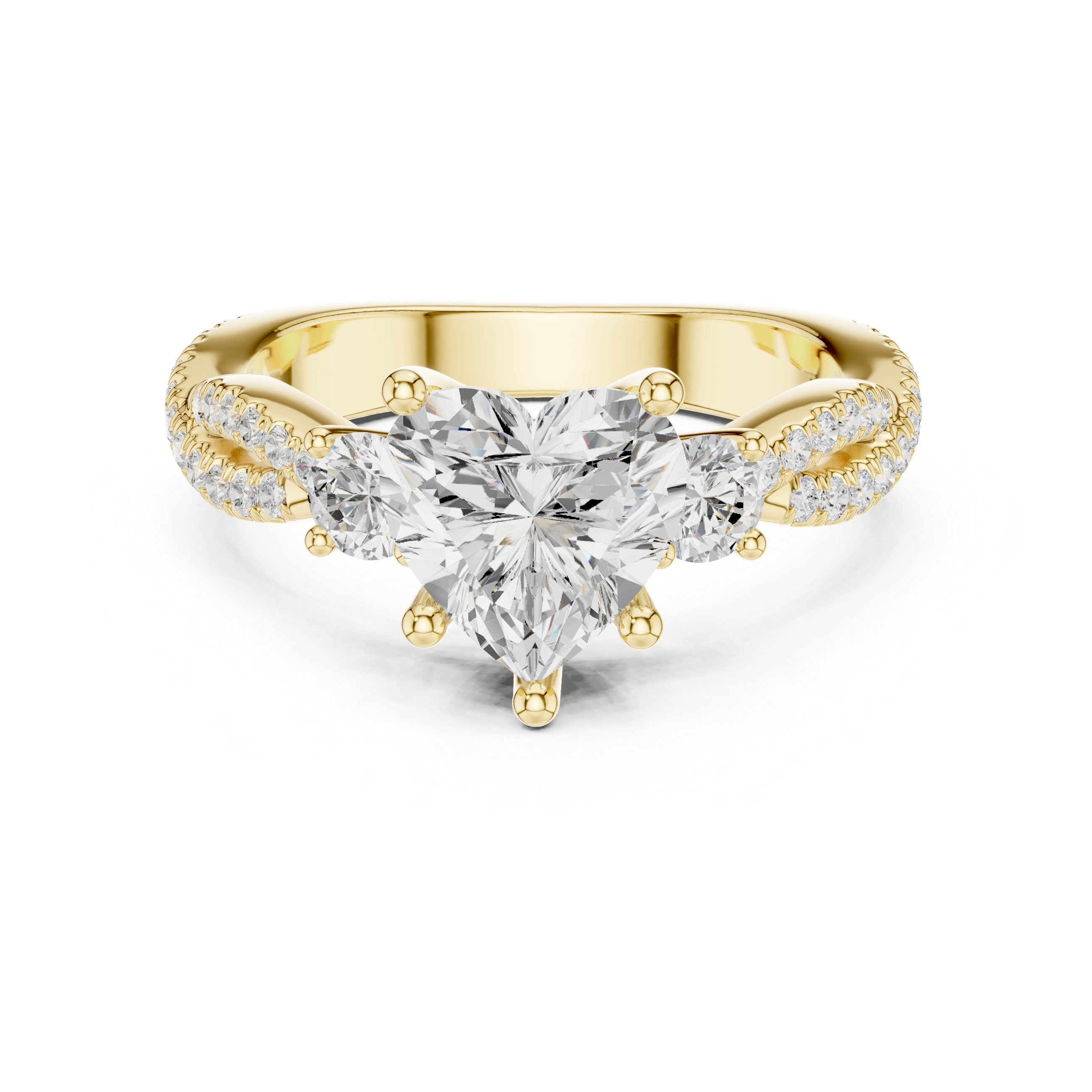Heart Cut Three-Stone Engagement Ring with Round Side Stones and Split Pavé Diamond Band