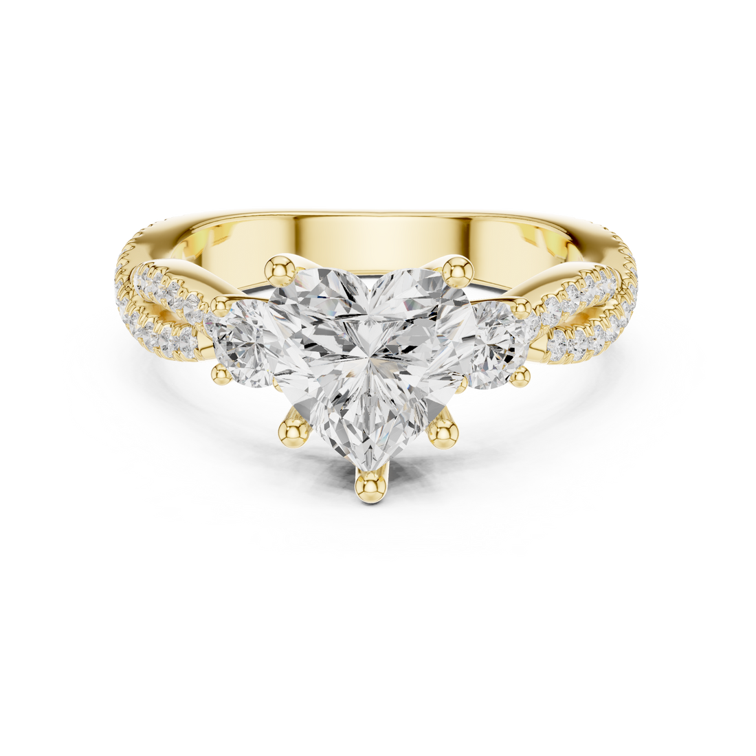 Heart Cut Three-Stone Engagement Ring with Round Side Stones and Split Pavé Diamond Band