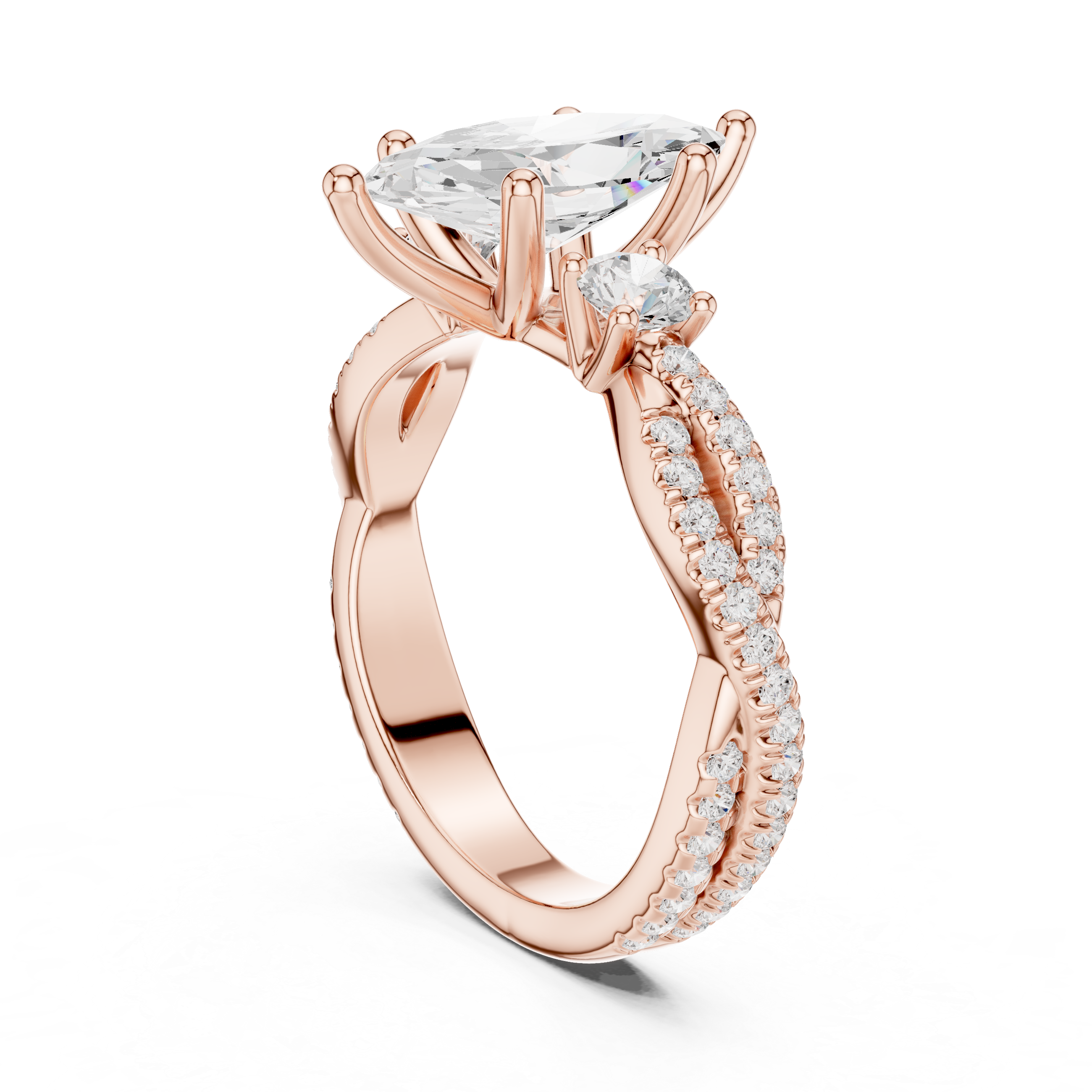 Marquise Cut Three-Stone Engagement Ring with Round Side Stones and Split Pavé Diamond Band