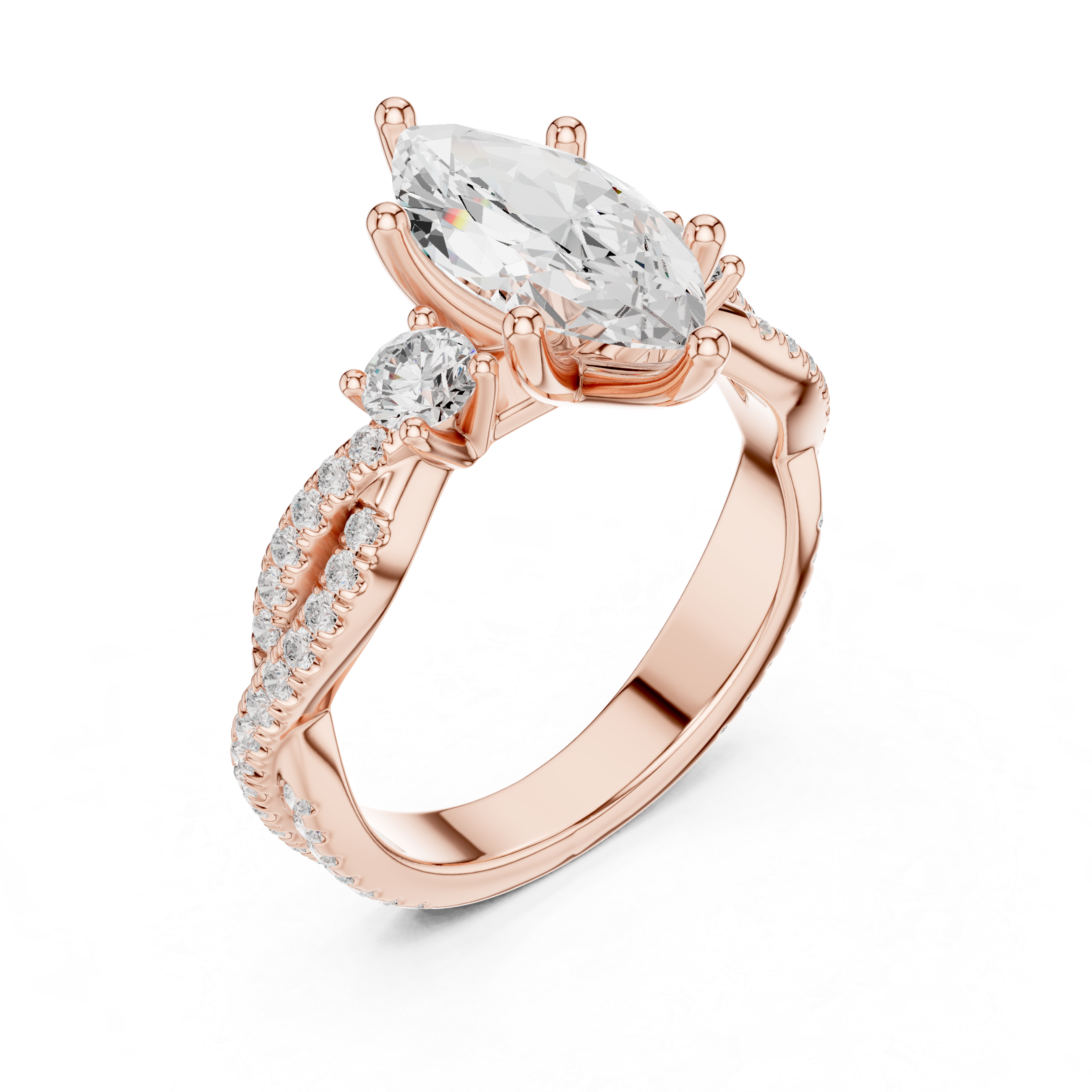 Marquise Cut Three-Stone Engagement Ring with Round Side Stones and Split Pavé Diamond Band