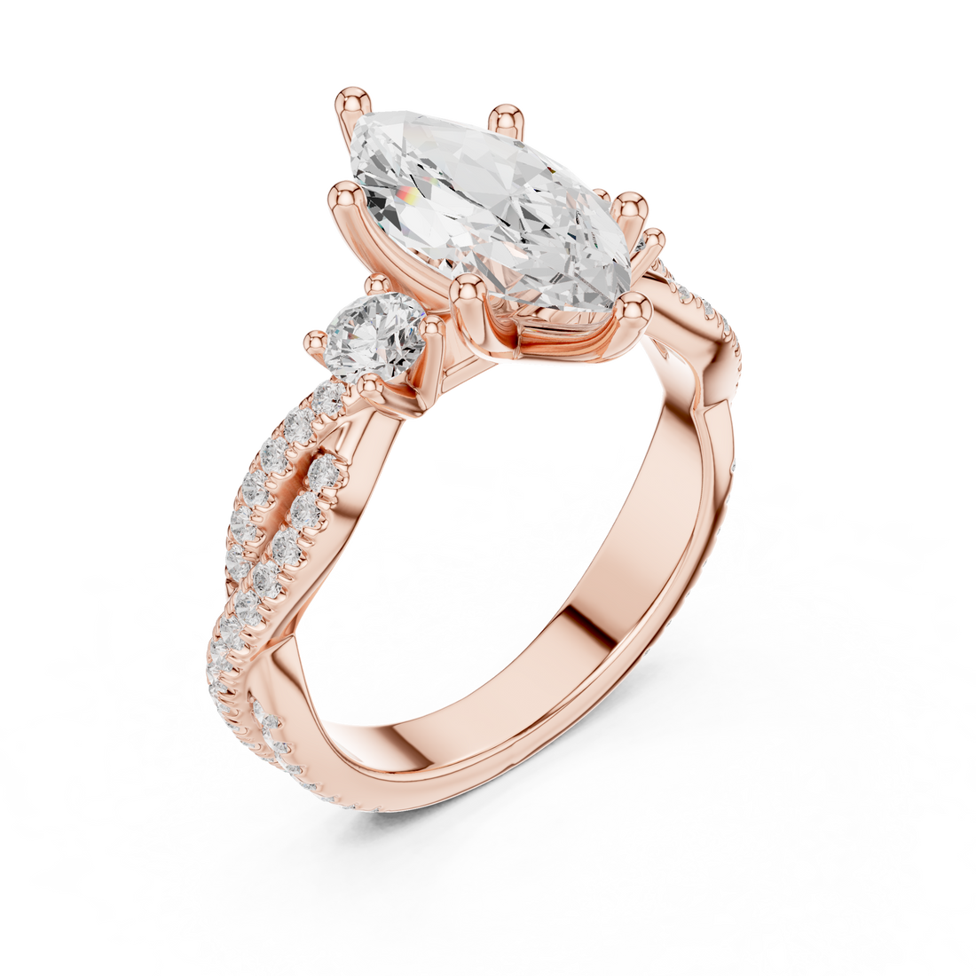 Marquise Cut Three-Stone Engagement Ring with Round Side Stones and Split Pavé Diamond Band