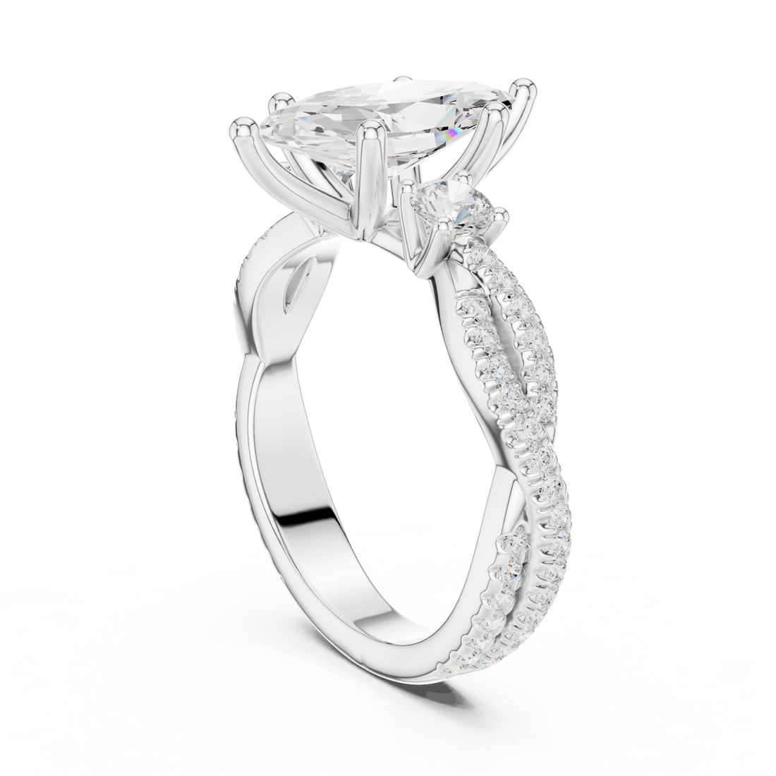 Marquise Cut Three-Stone Engagement Ring with Round Side Stones and Split Pavé Diamond Band