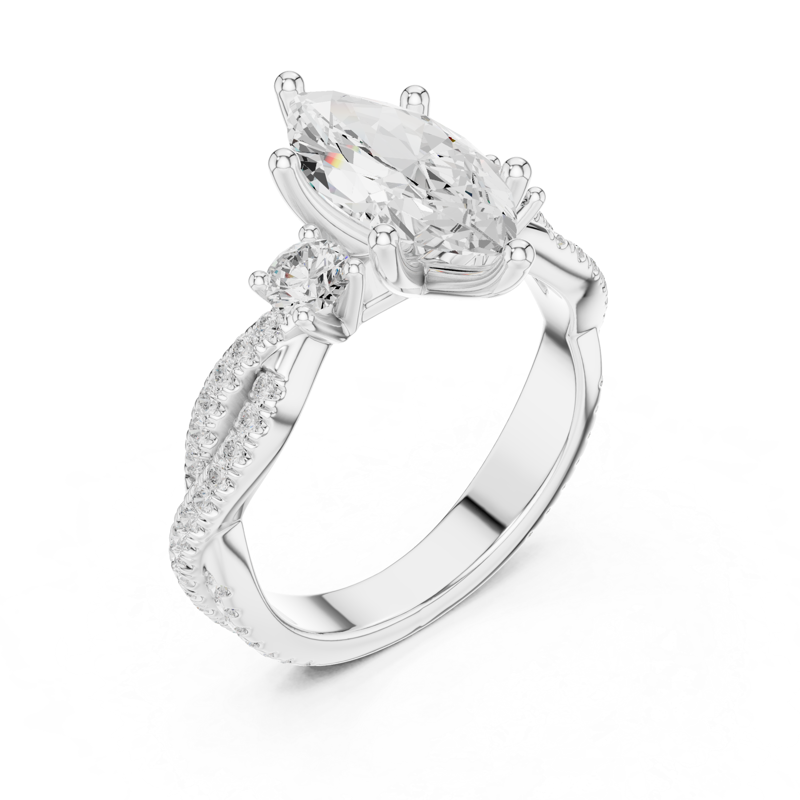 Marquise Cut Three-Stone Engagement Ring with Round Side Stones and Split Pavé Diamond Band
