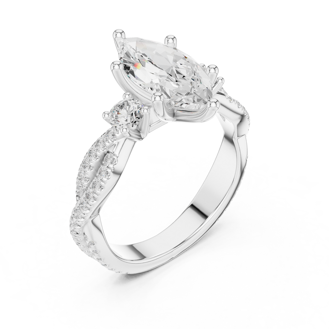 Marquise Cut Three-Stone Engagement Ring with Round Side Stones and Split Pavé Diamond Band
