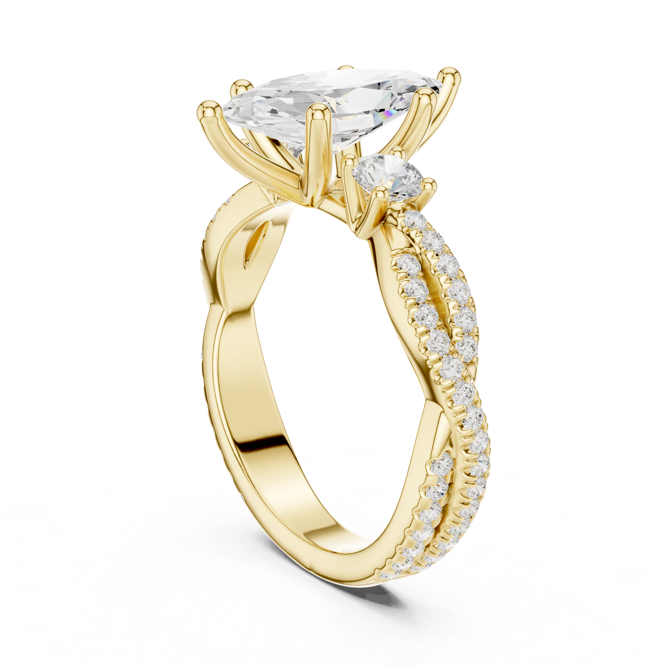 Marquise Cut Three-Stone Engagement Ring with Round Side Stones and Split Pavé Diamond Band