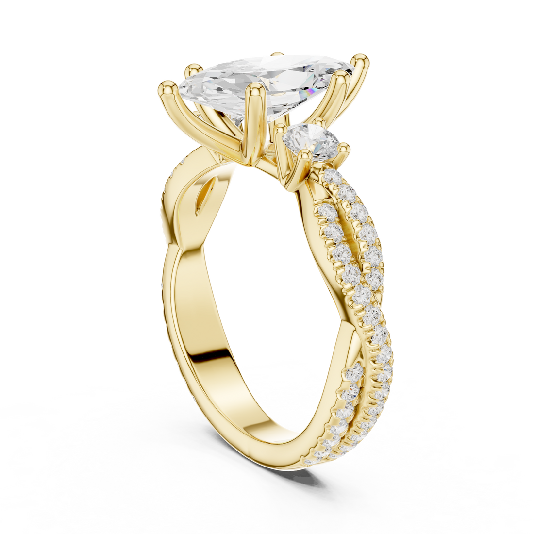 Marquise Cut Three-Stone Engagement Ring with Round Side Stones and Split Pavé Diamond Band