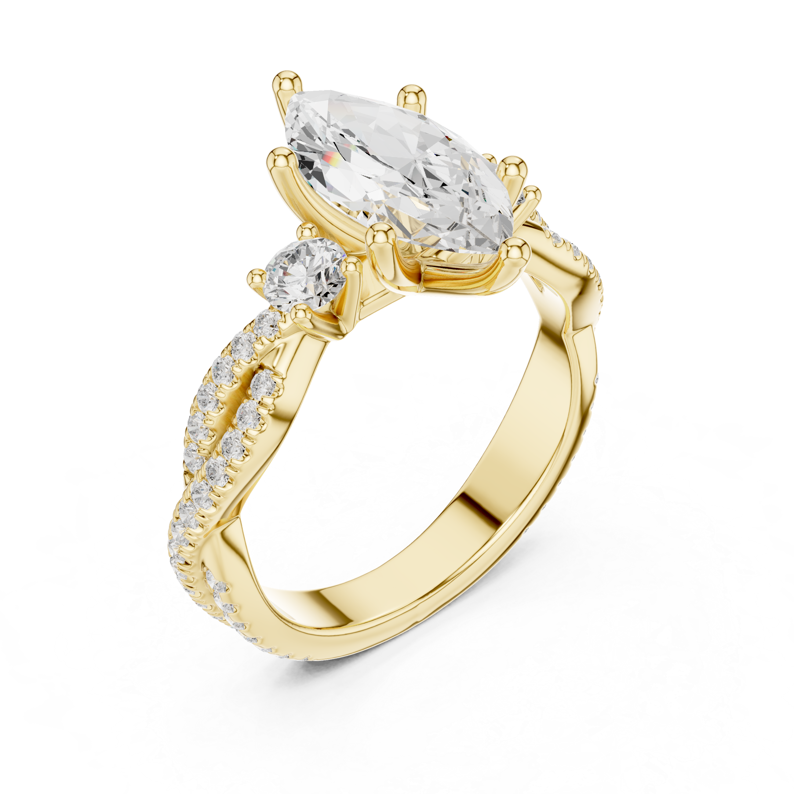 Marquise Cut Three-Stone Engagement Ring with Round Side Stones and Split Pavé Diamond Band