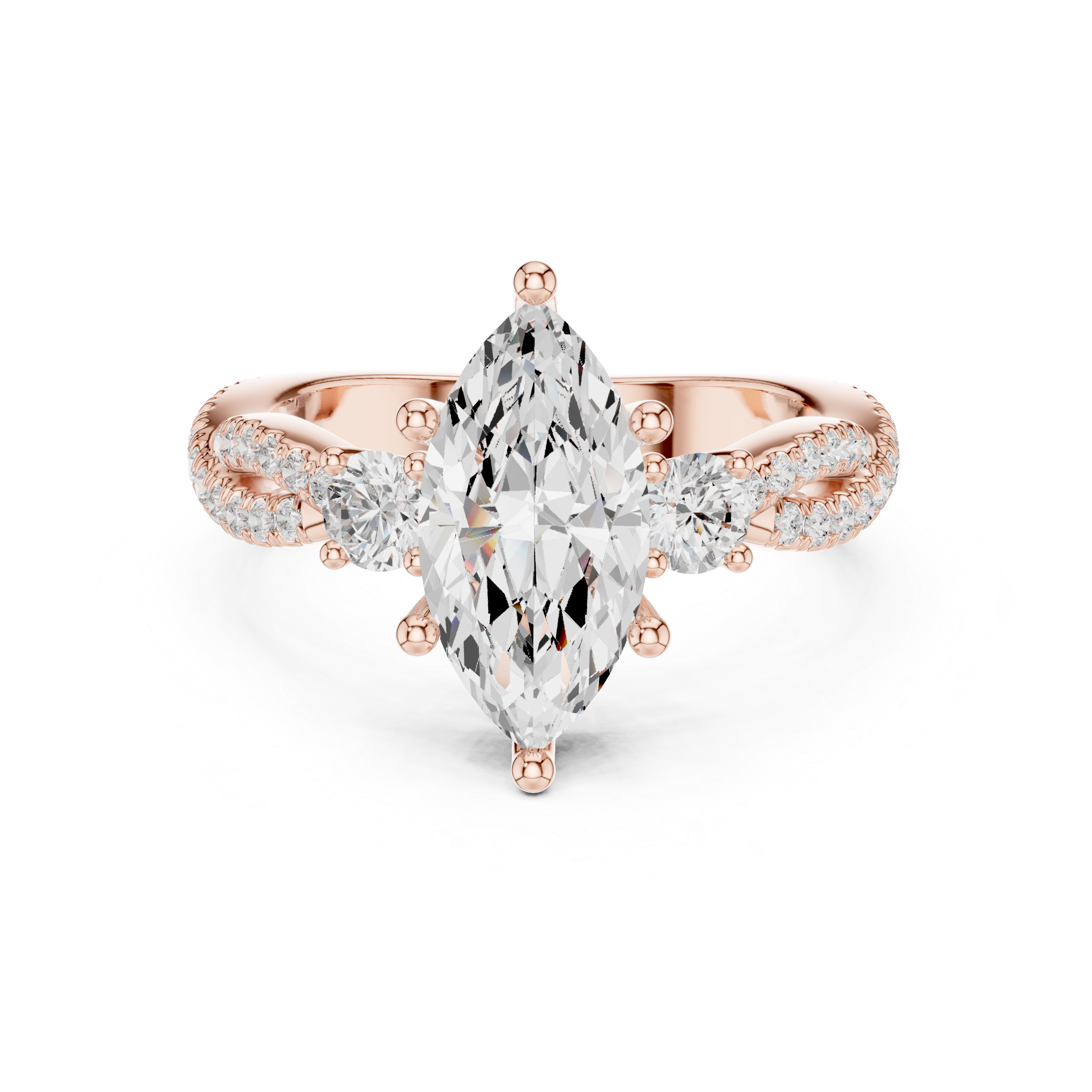 Marquise Cut Three-Stone Engagement Ring with Round Side Stones and Split Pavé Diamond Band