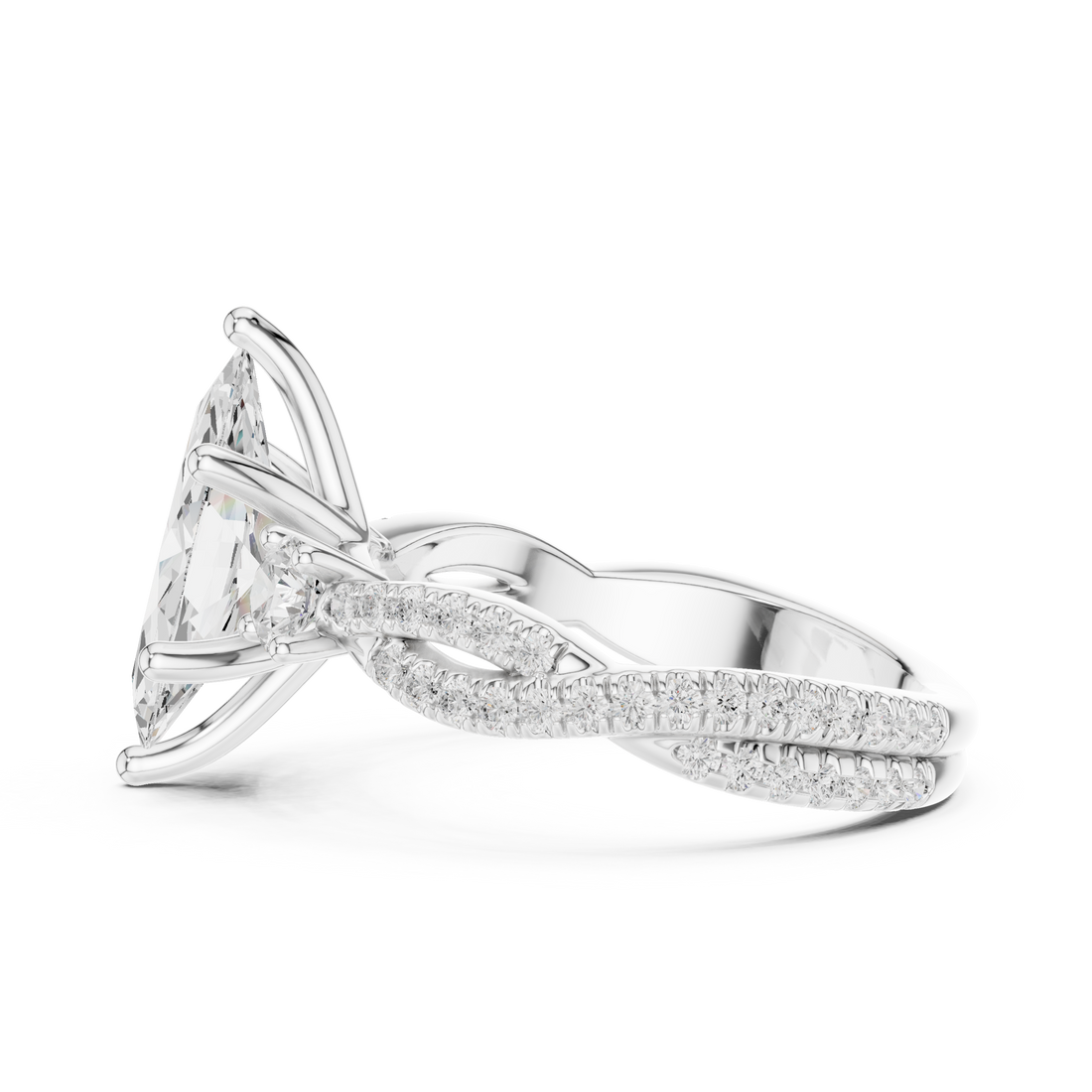 Marquise Cut Three-Stone Engagement Ring with Round Side Stones and Split Pavé Diamond Band