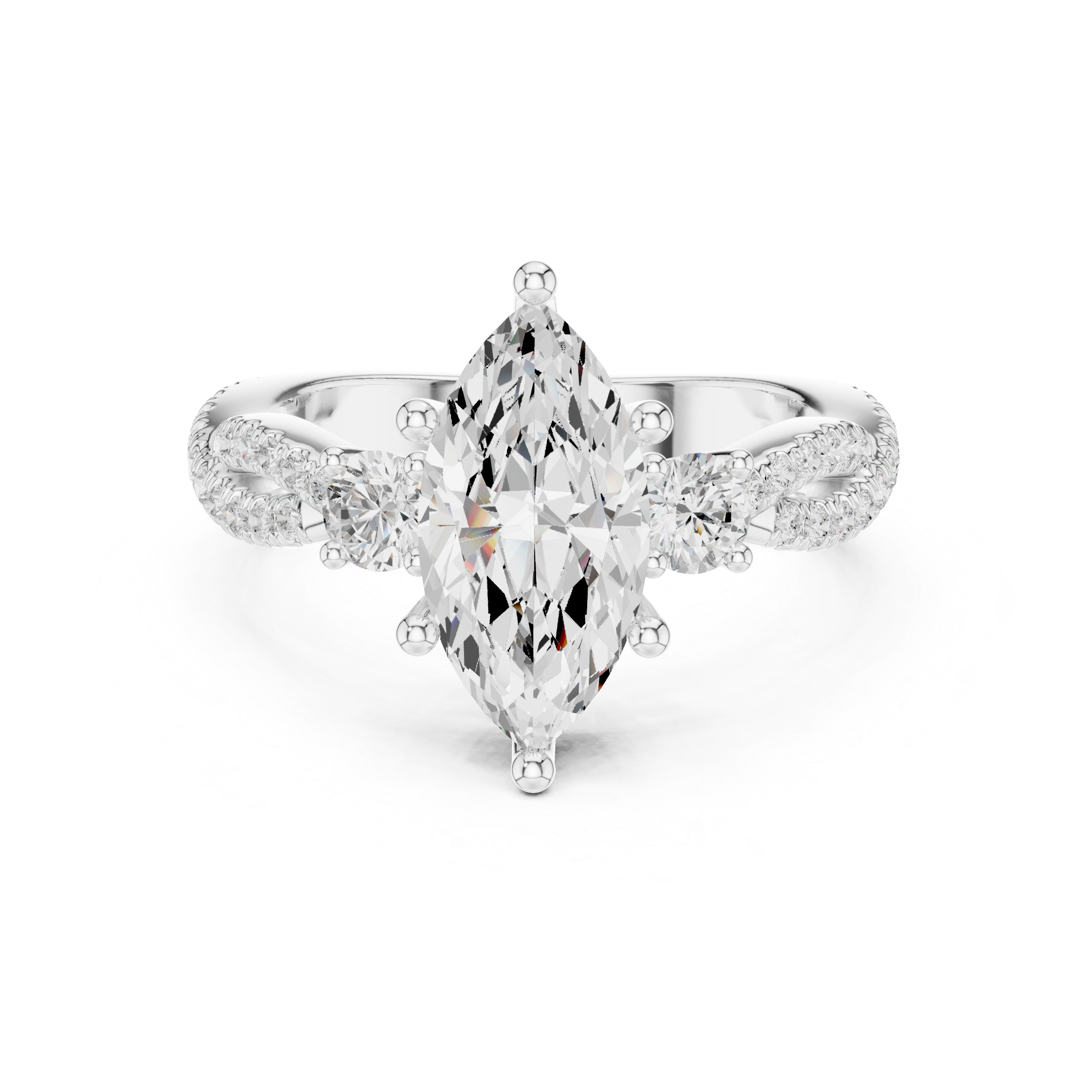 Marquise Cut Three-Stone Engagement Ring with Round Side Stones and Split Pavé Diamond Band