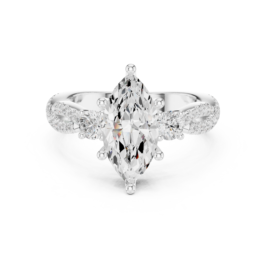 Marquise Cut Three-Stone Engagement Ring with Round Side Stones and Split Pavé Diamond Band