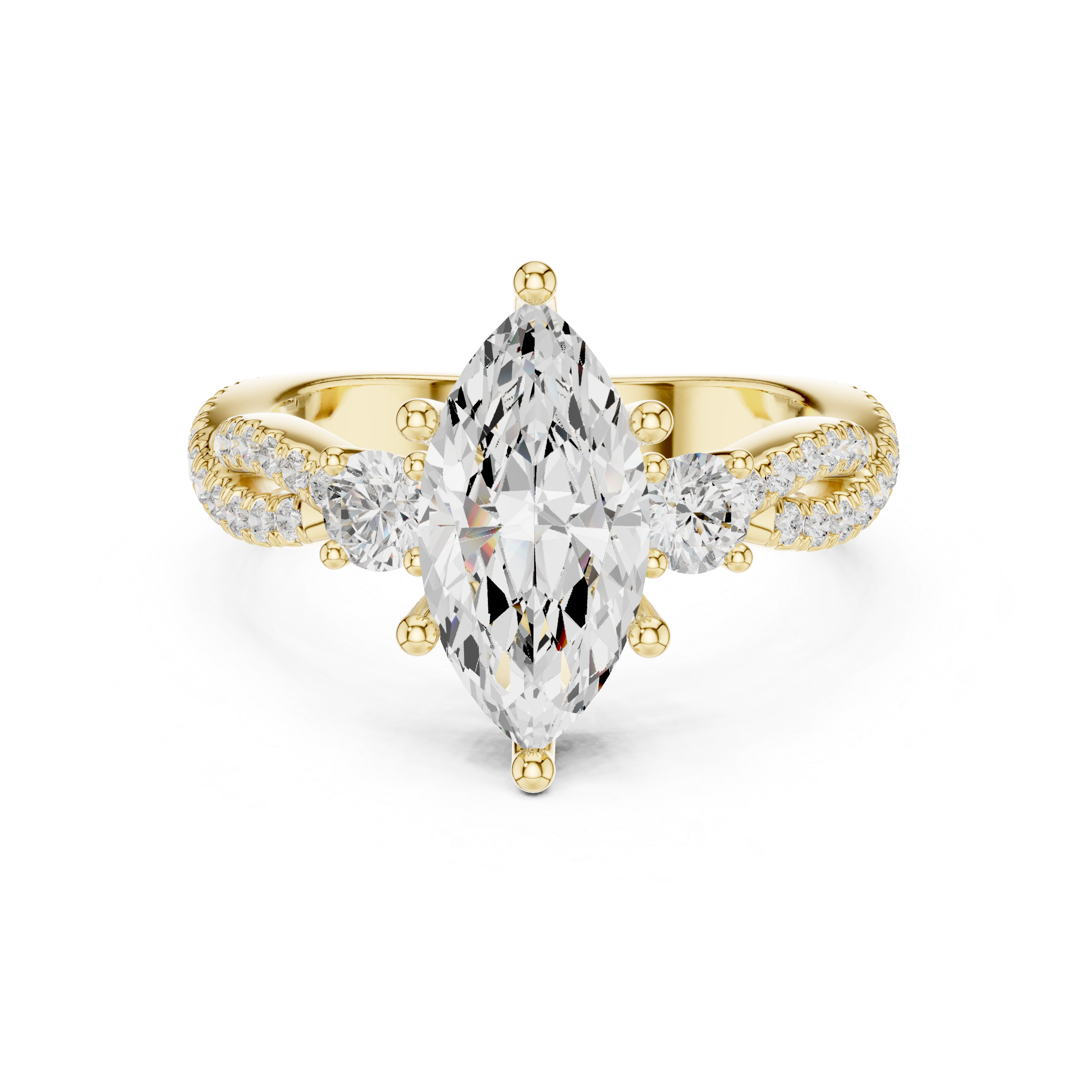 Marquise Cut Three-Stone Engagement Ring with Round Side Stones and Split Pavé Diamond Band