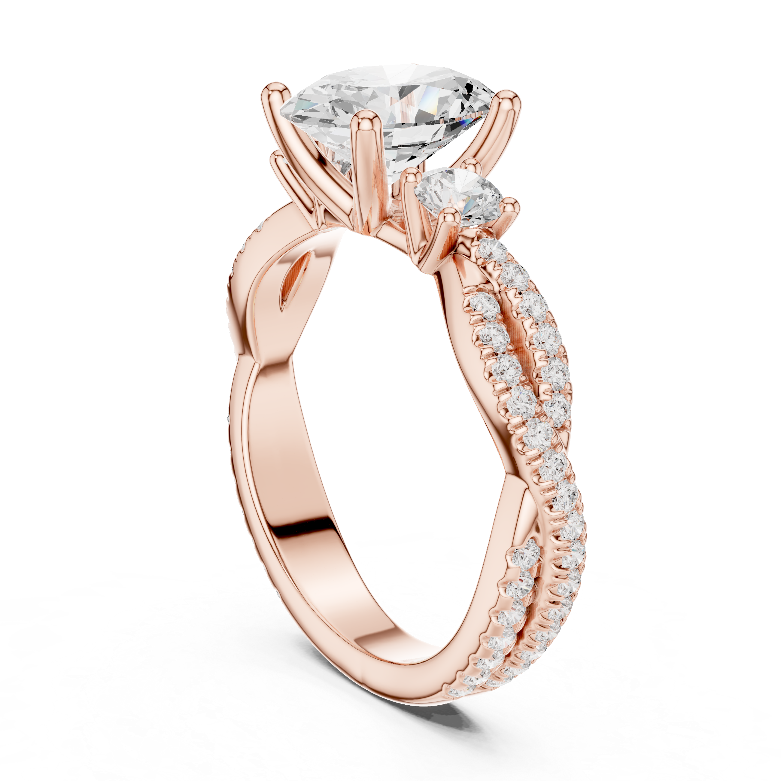 Oval Cut Three-Stone Engagement Ring with Round Side Stones and Split Pavé Diamond Band