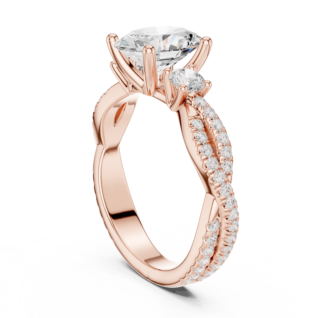 Oval Cut Three-Stone Engagement Ring with Round Side Stones and Split Pavé Diamond Band