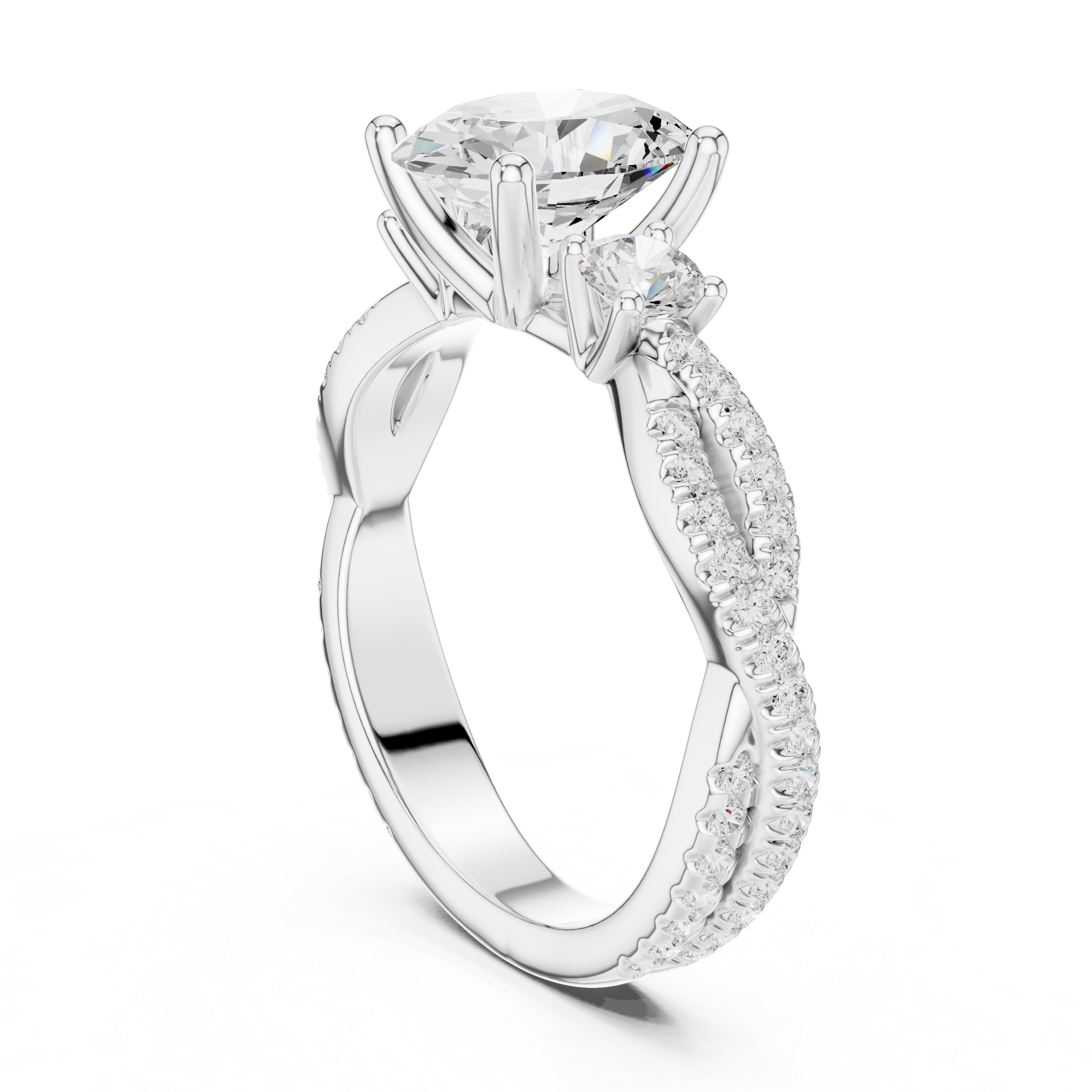 Oval Cut Three-Stone Engagement Ring with Round Side Stones and Split Pavé Diamond Band