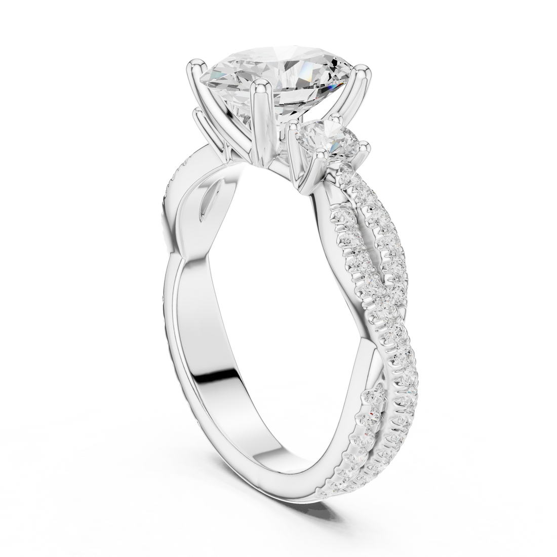 Oval Cut Three-Stone Engagement Ring with Round Side Stones and Split Pavé Diamond Band