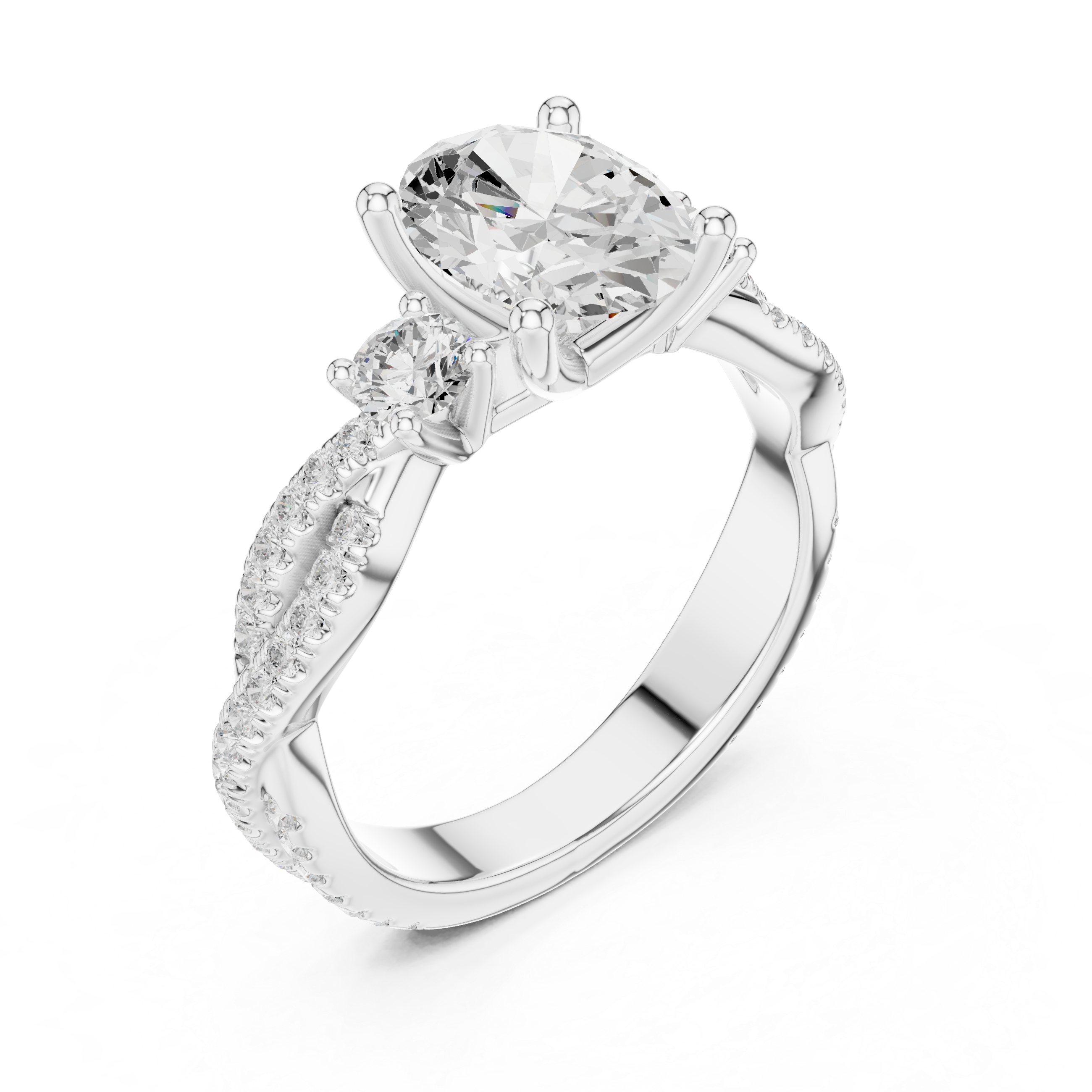 Oval Cut Three-Stone Engagement Ring with Round Side Stones and Split Pavé Diamond Band