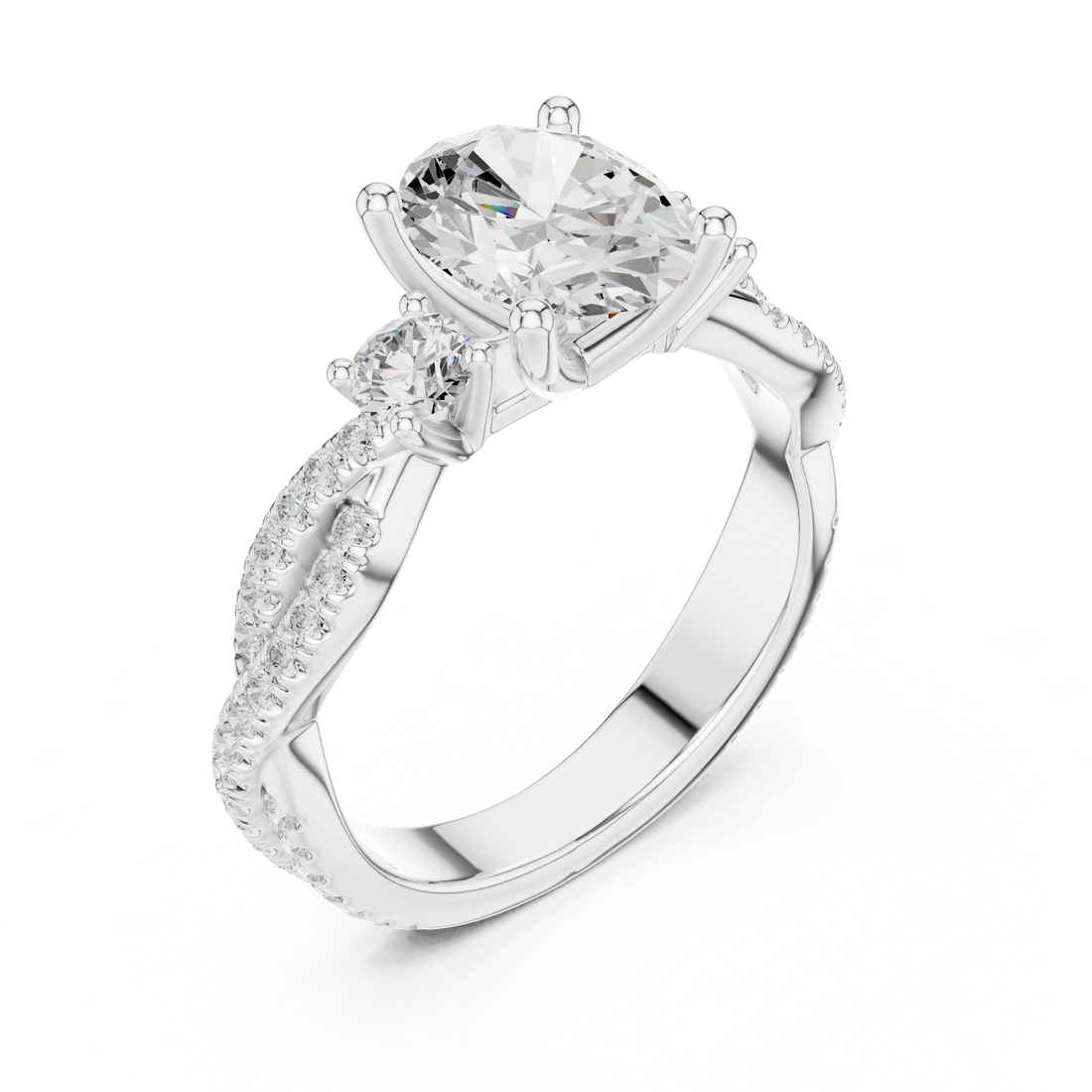 Oval Cut Three-Stone Engagement Ring with Round Side Stones and Split Pavé Diamond Band