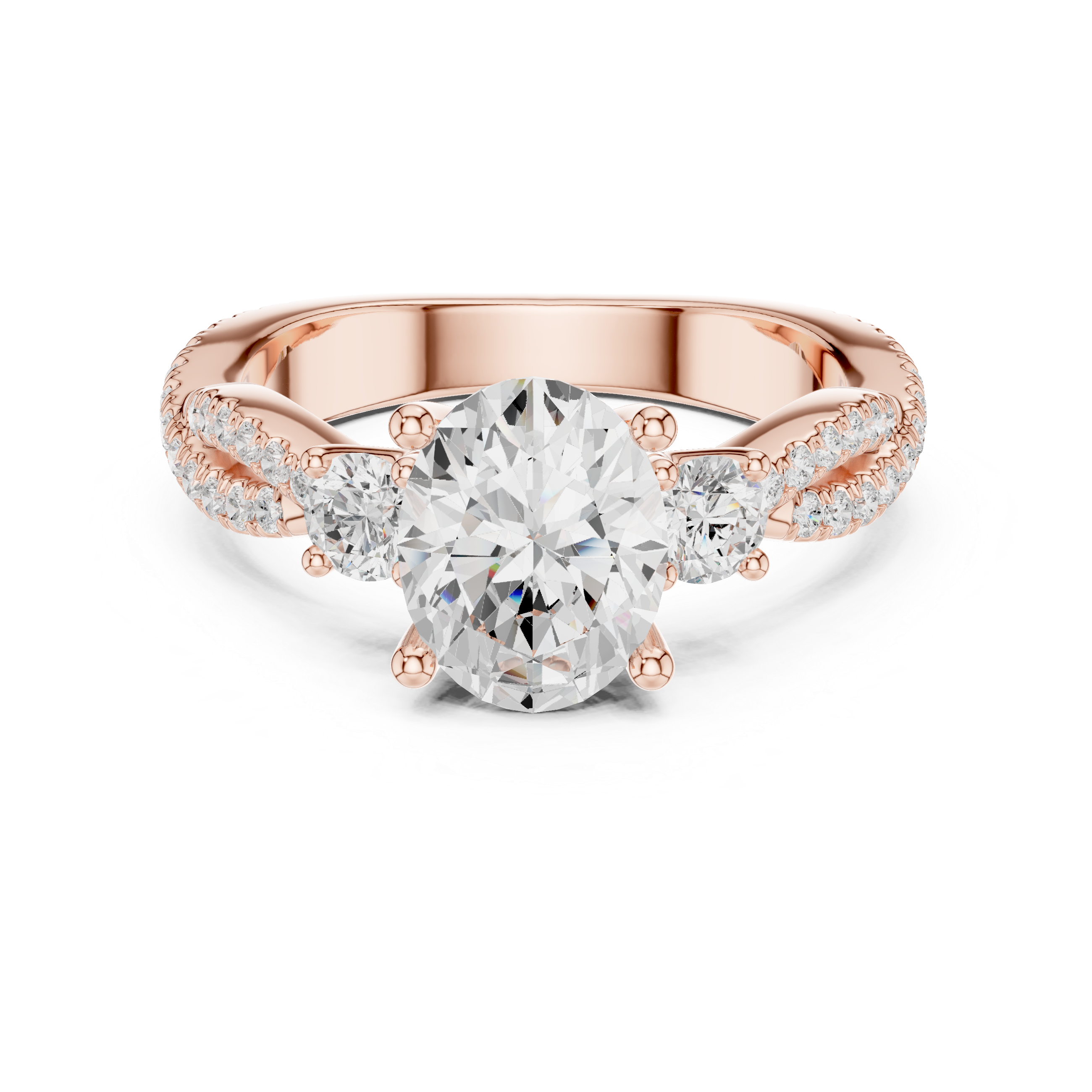 Oval Cut Three-Stone Engagement Ring with Round Side Stones and Split Pavé Diamond Band