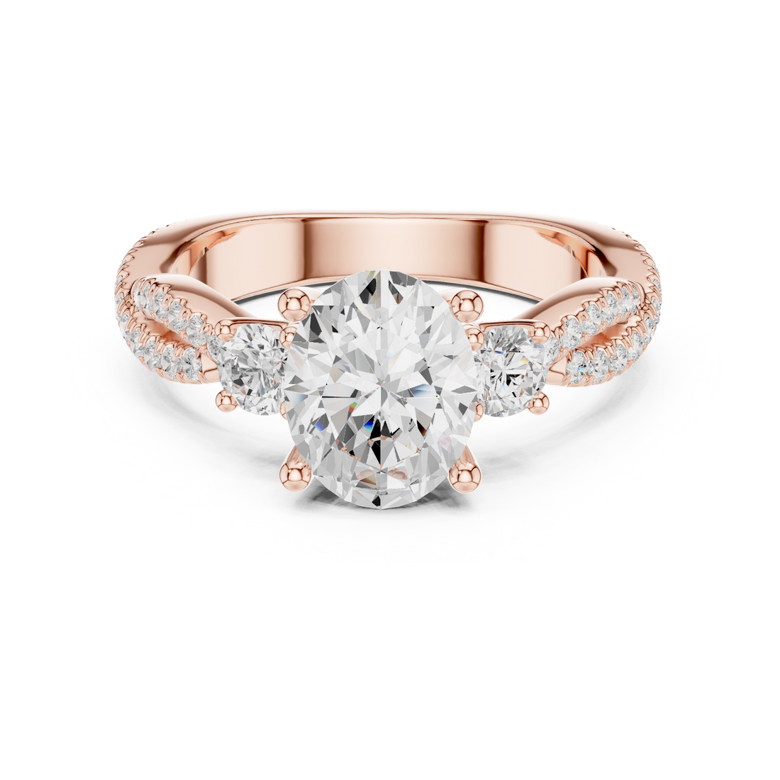 Oval Cut Three-Stone Engagement Ring with Round Side Stones and Split Pavé Diamond Band