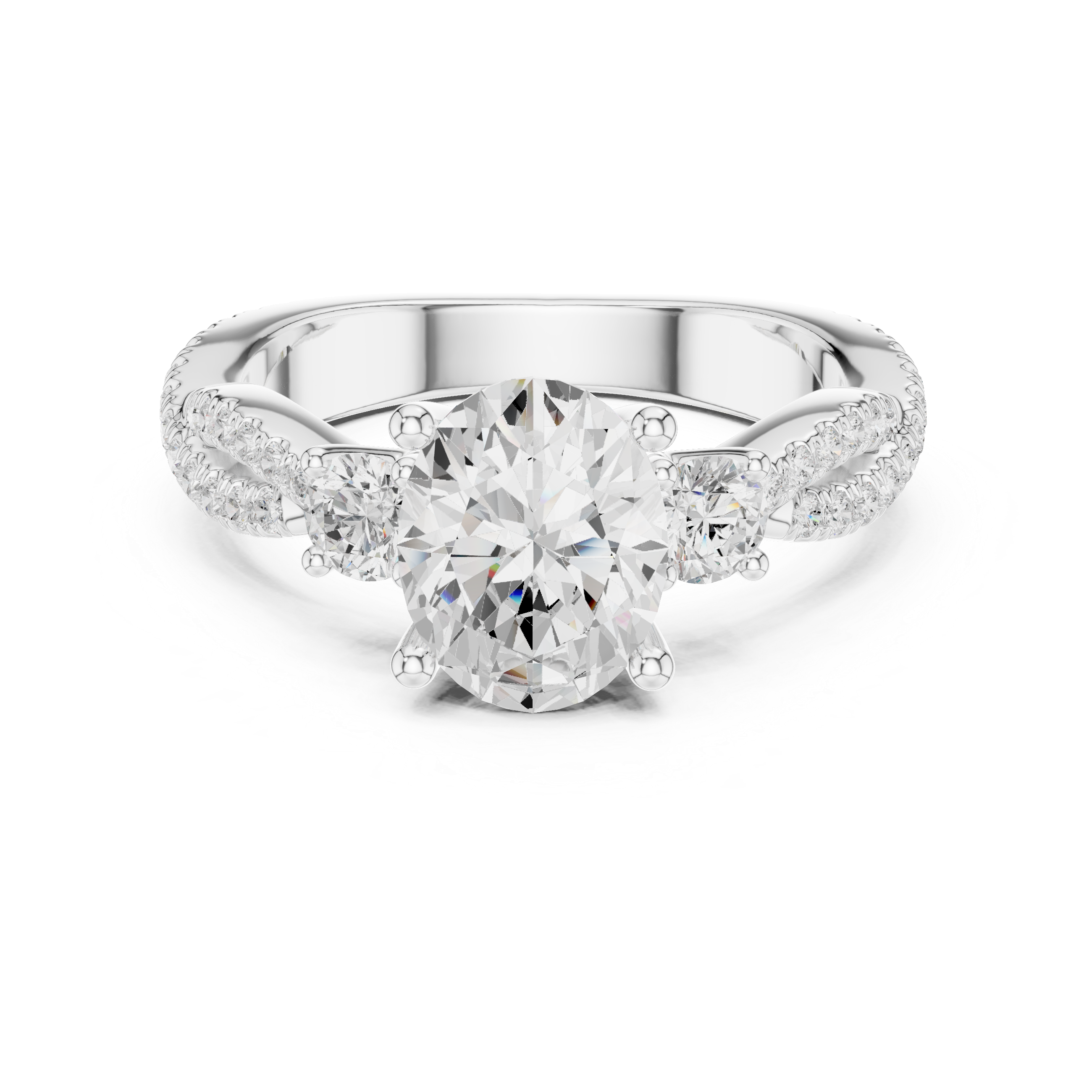Oval Cut Three-Stone Engagement Ring with Round Side Stones and Split Pavé Diamond Band
