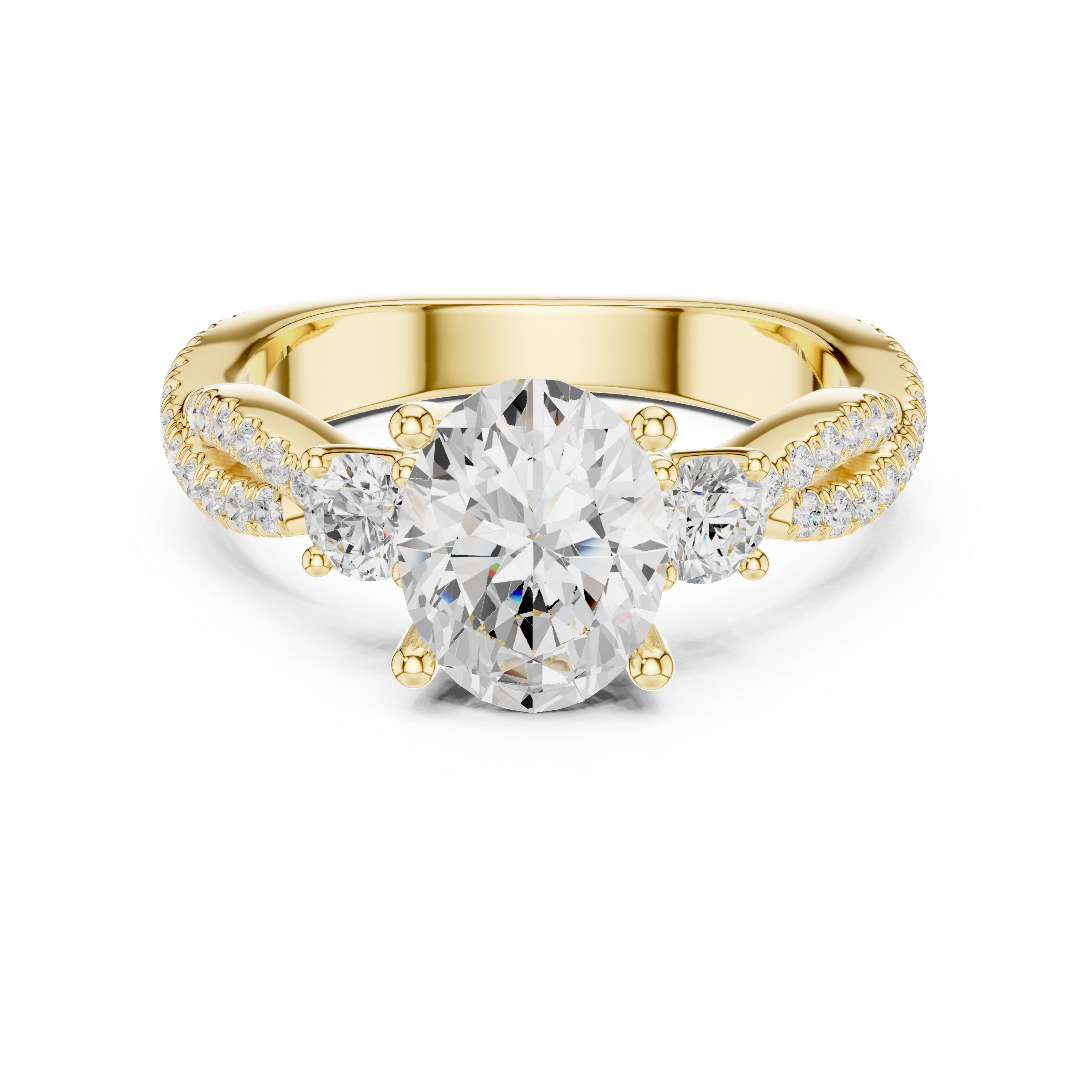 Oval Cut Three-Stone Engagement Ring with Round Side Stones and Split Pavé Diamond Band