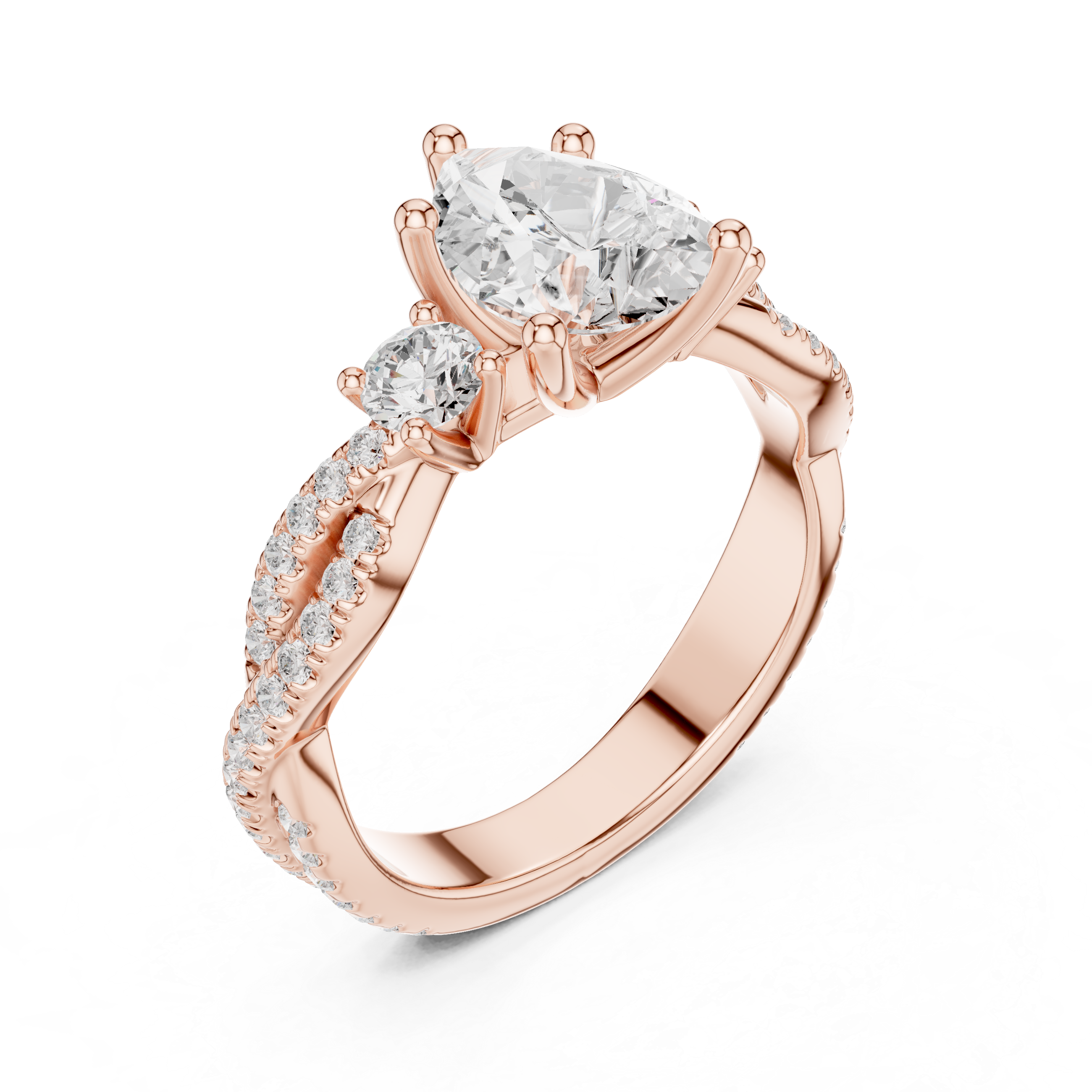 Pear Cut Three-Stone Engagement Ring with Round Side Stones and Split Pavé Diamond Band