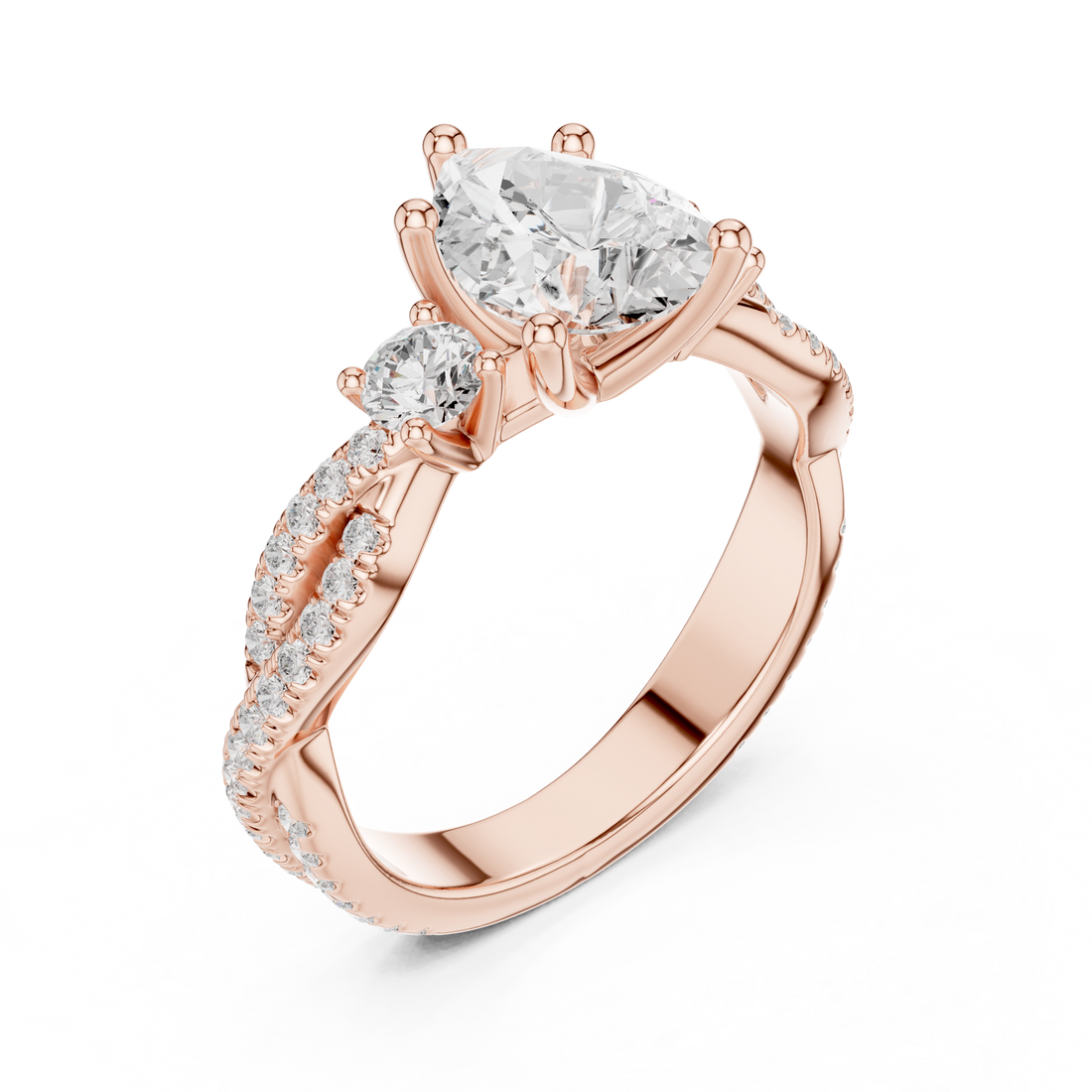 Pear Cut Three-Stone Engagement Ring with Round Side Stones and Split Pavé Diamond Band