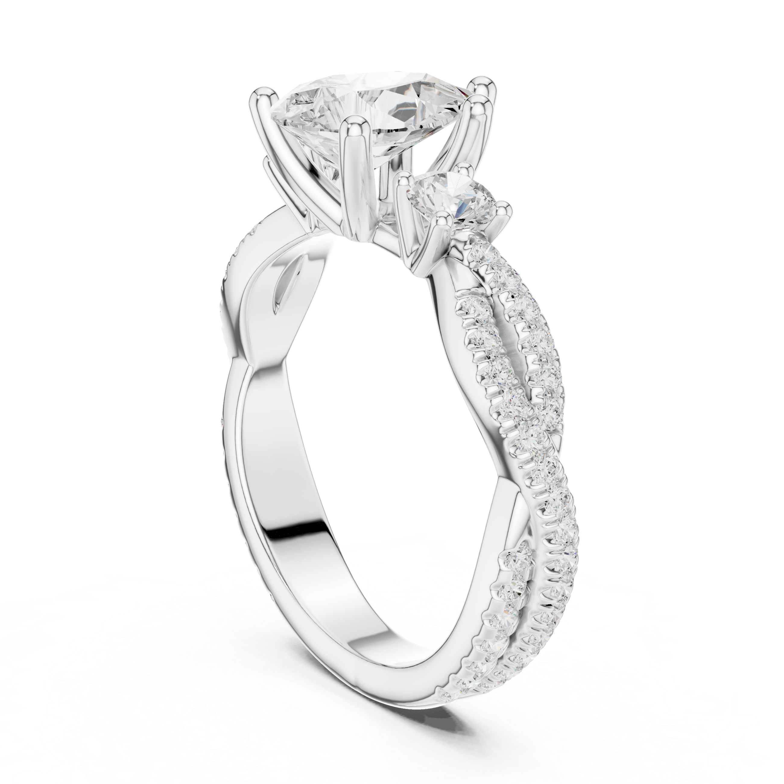 Pear Cut Three-Stone Engagement Ring with Round Side Stones and Split Pavé Diamond Band
